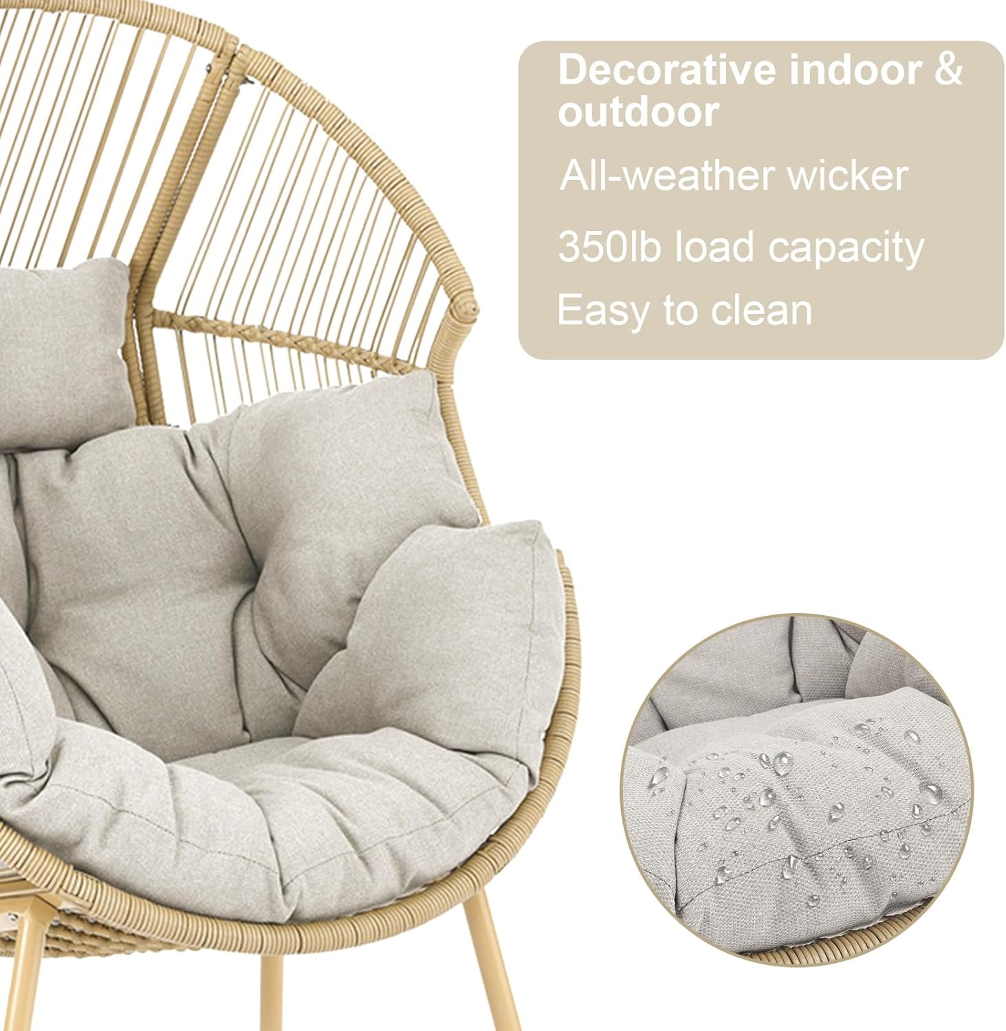 Belord Silla de mimbre con otomana, capacidad de 350 libras de capacidad, para interiores y exteriores, con forma de huevo, con soporte, cojín