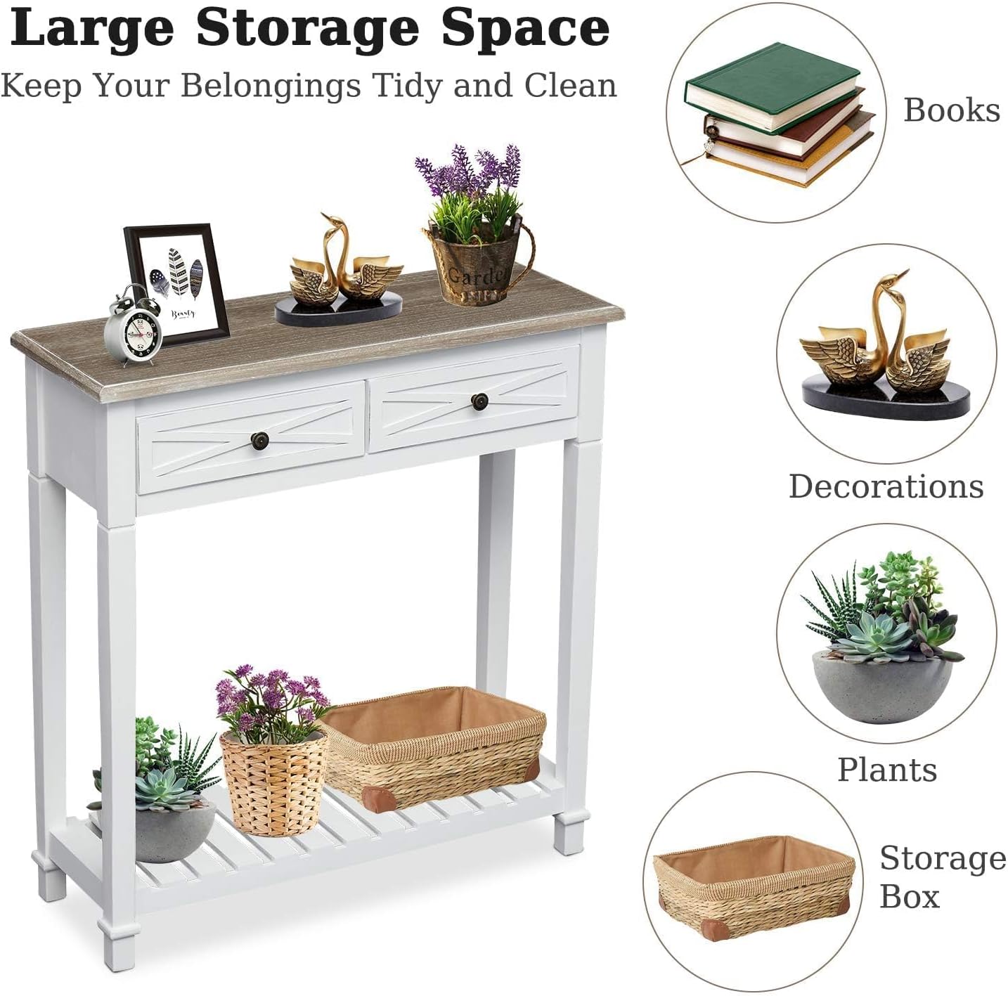 kinbor Mesa de entrada, mesa consola blanca con 2 cajones, mesa consola pequeña estrecha con estante de almacenamiento para entrada, sala de estar,