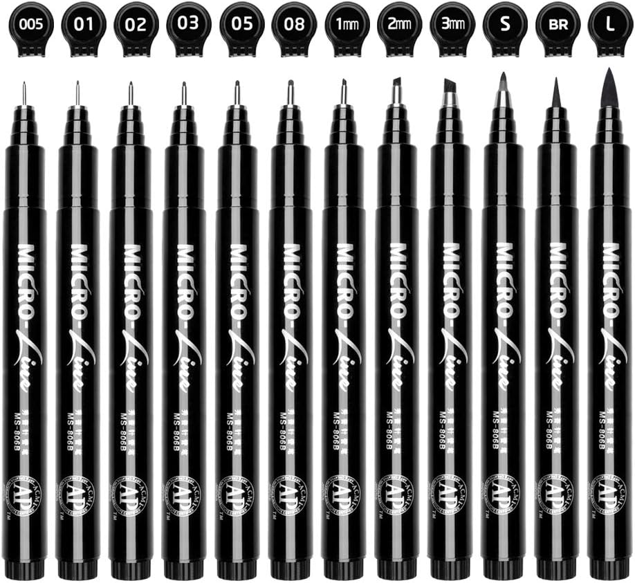 Juego de 12 bolígrafos negros de tinta de punta fina, tinta archival impermeable, para bocetos, letras de pincel, ilustración de artista, dibujo