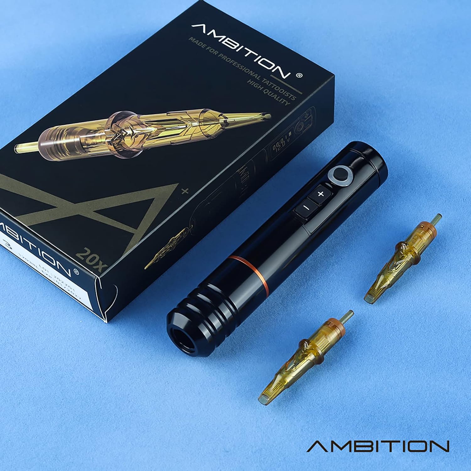 Ambition Kit completo de tatuaje máquina de tatuaje inalámbrica con 2 piezas de fuente de alimentación, motor sin núcleo, 20 piezas, cartucho de