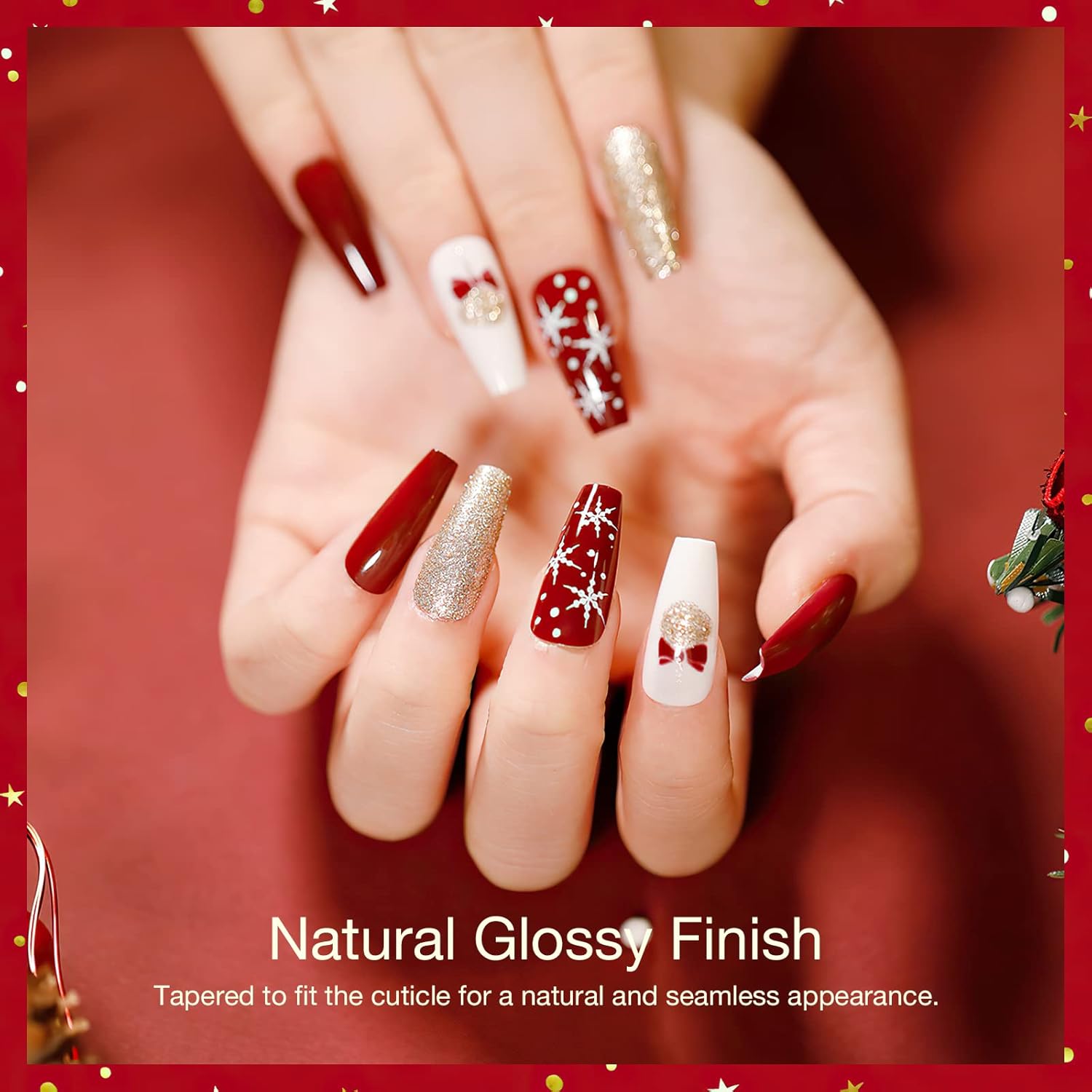 Kit de uñas postizas de acrílico de ataúd corto para Año Nuevo, decoración artística de copo de nieve de Navidad, puntas falsas de bailarina 05