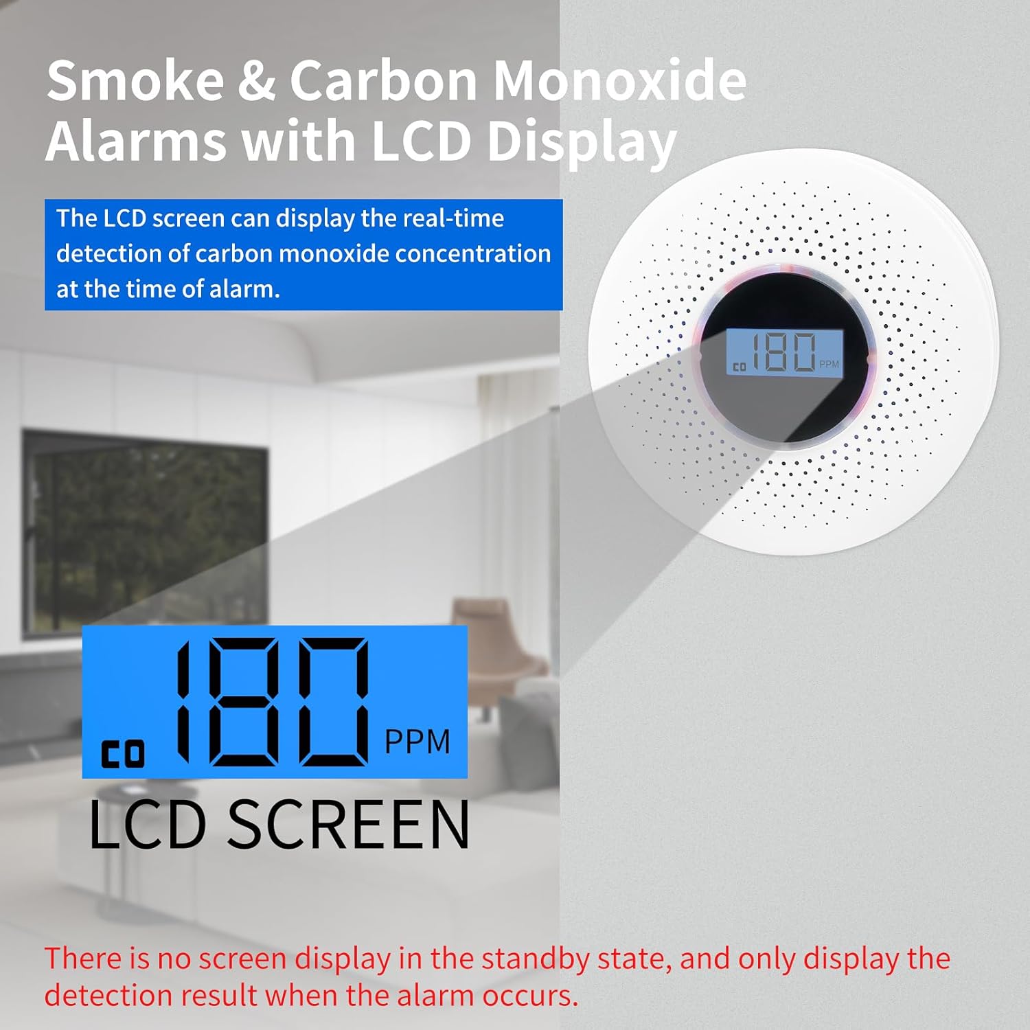 Detector de humo y monóxido de carbono 2 en 1, detector de humo de CO con pantalla LCD y alarma de luz sonora para el hogar, garaje, oficina, RV