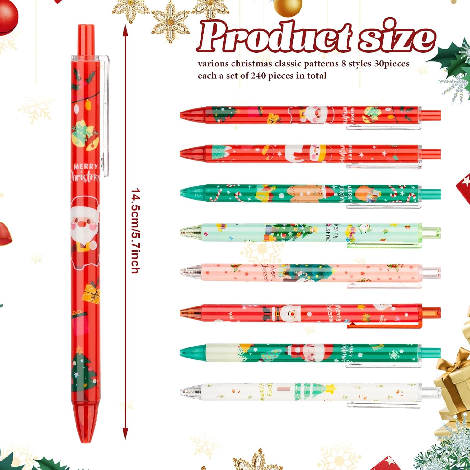 Yeaqee 240 bolígrafos de Navidad a granel retráctiles de Navidad a granel, bolígrafos de tinta de gel, bolígrafos de tinta de gel de dibujos