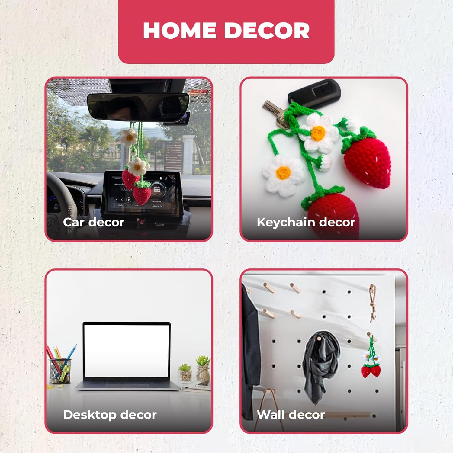 2 Handmade Crochet Strawberry Ornaments, Strawberry Accessories car, Cute Car Accessories for Rear View Mirror, Hanging Car Charm For Women Like