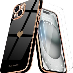 Teageo Funda para iPhone 15 con protector de pantalla 2 unidades para niñas y mujeres, lindo corazón femenino de amor, cubierta suave dorada, Teageo Funda para iPhone 15 con protector de pantalla 2 unidades para niñas y mujeres, lindo corazón femenino de amor, cubierta suave dorada,