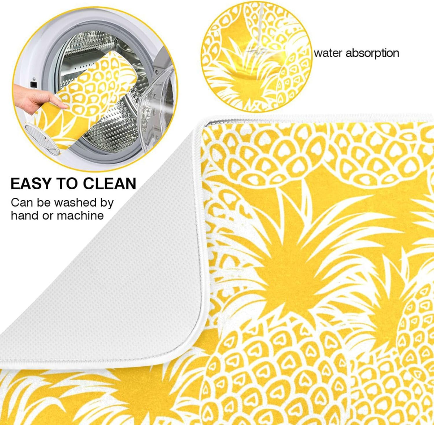 Tapete de secado de platos hawaiano tropical de piña amarilla brillante, lavable, absorbente, escurridor de platos, para encimera de cocina, tapete