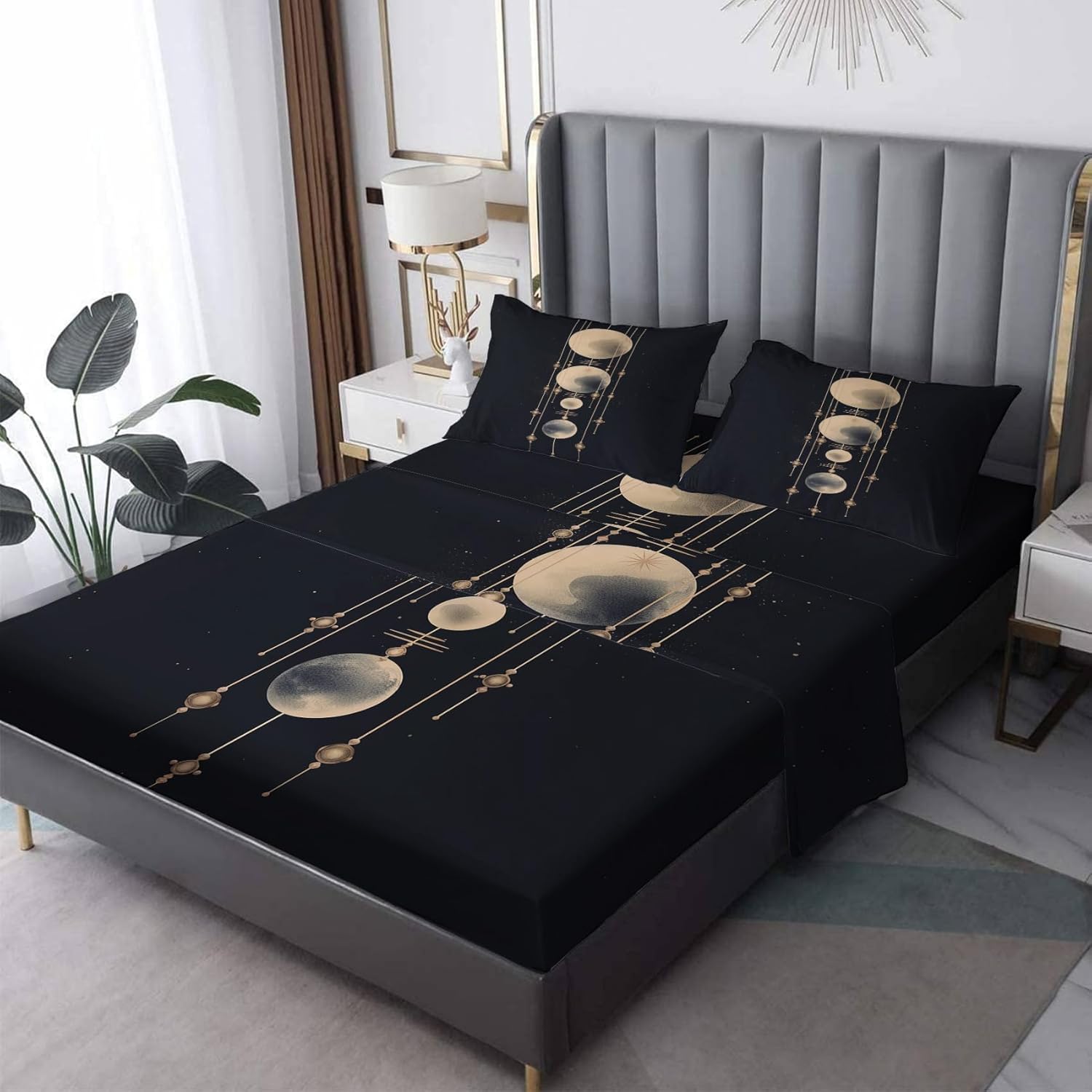 Juego de sábanas de luna tamaño Queen, sábanas de planeta, sábanas y fundas de almohada estampadas de 4 piezas, sábana bajera ajustable de