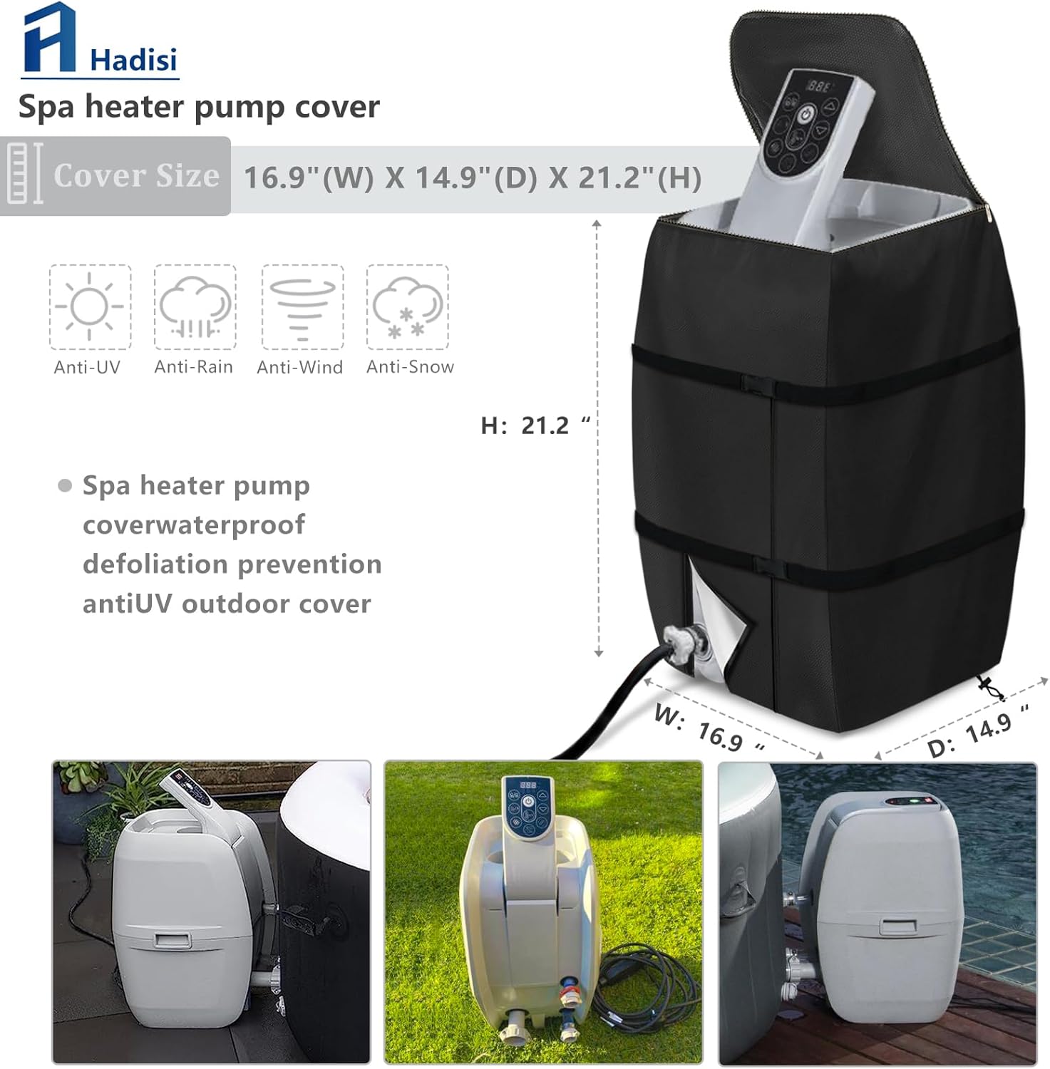 Cubierta de la bomba del calentador de hidromasaje, cubierta impermeable de la bomba aislada para múltiples marcas (negro, cuadrado)