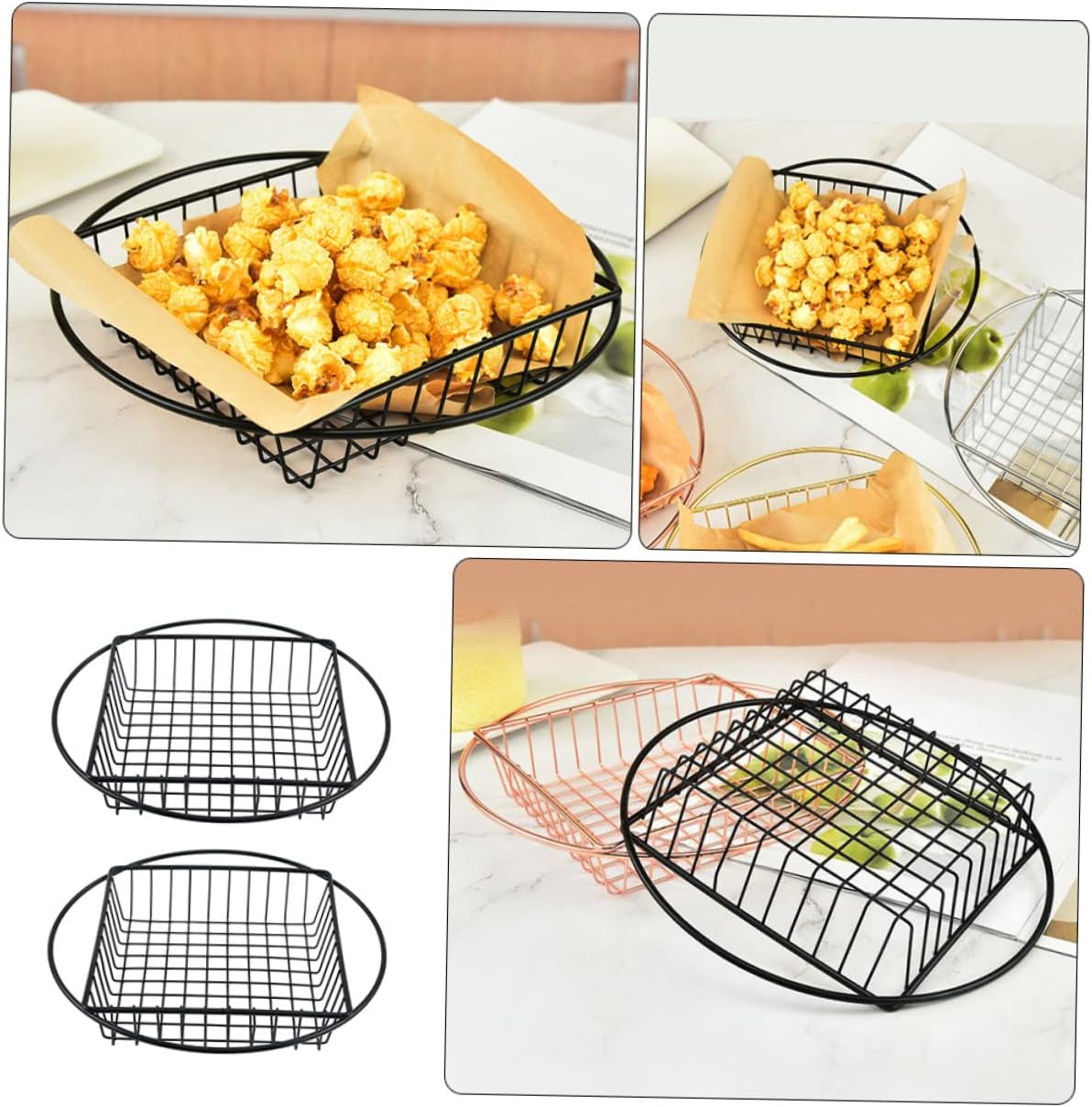 Cesta de pan de metal para patatas fritas, 2 unidades, bandejas de metal para servir colador inoxidable, soporte para patatas fritas, cesta de