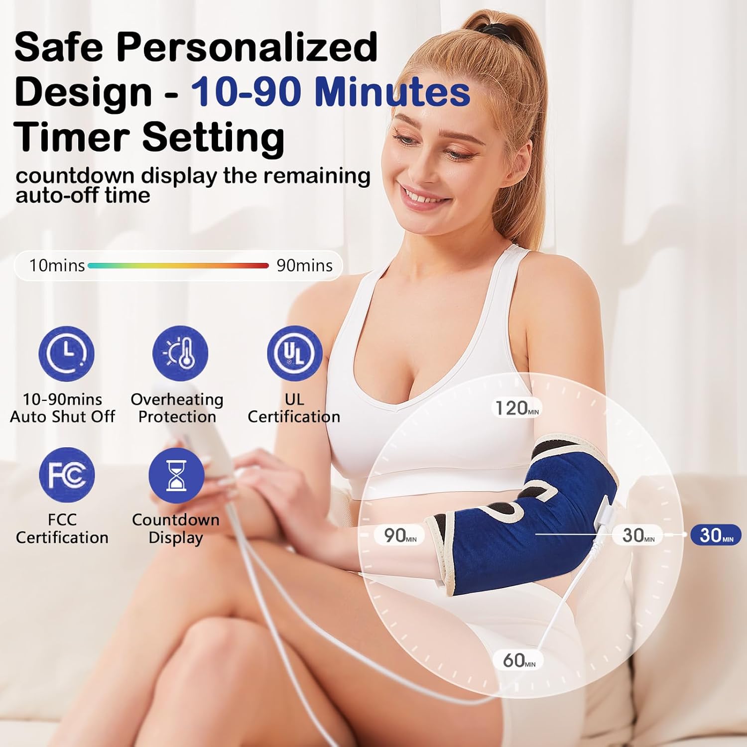 JOBYNA Almohadilla térmica para codo, codo de tenis ajustable para hombres y mujeres, 86-158 y apagado automático, terapia de calor de codo para