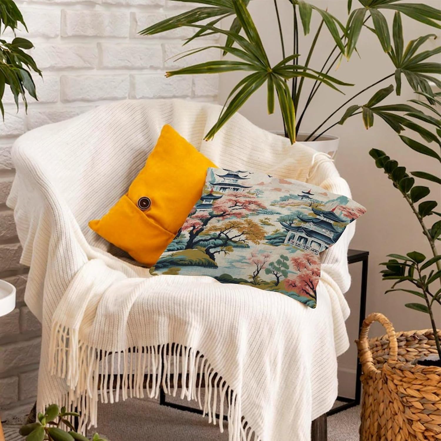 Chinoiserie – Funda de almohada transpirable con diseño de pagoda asiática, color blanco, azul coral, para interiores, diseño de pájaros escénicos,