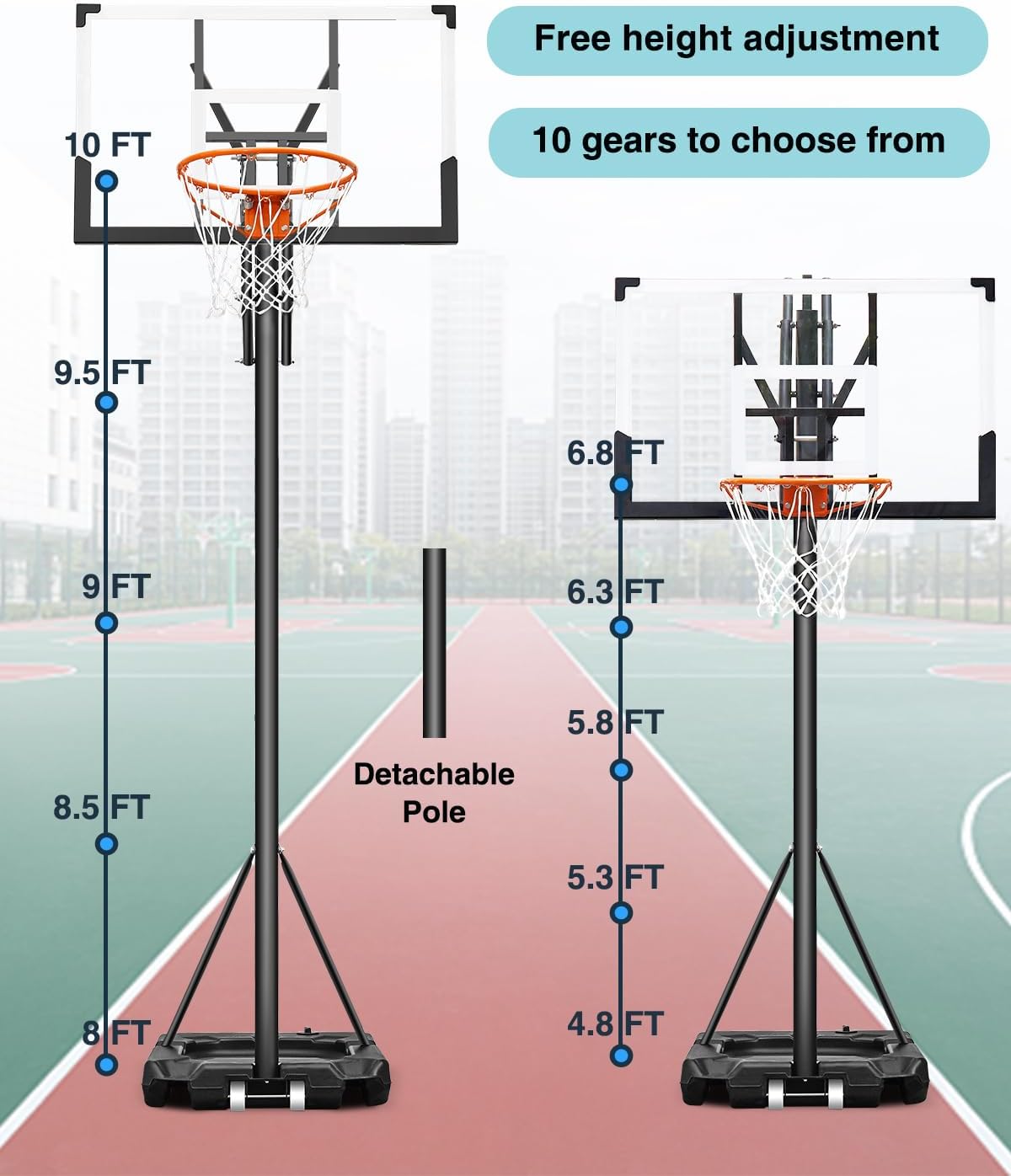 Basketball Hoop with 4.8-10 FT Height Adjustable for KidsAdults, Portable Basketball Hoop Outdoor with 44 Inch Backboard and 2 Wheels for