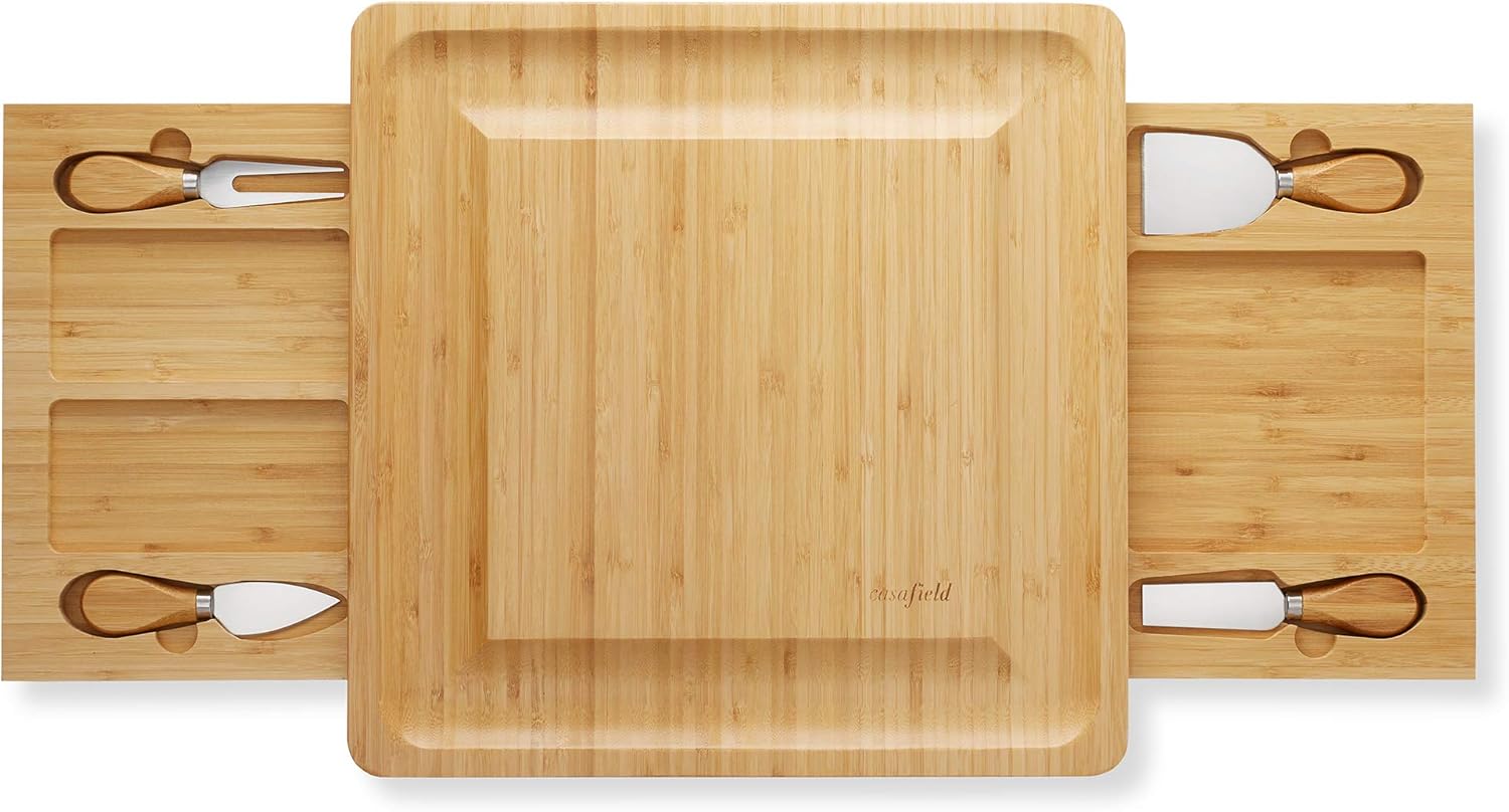 Casafield Juego de regalo de tablero de queso de bambú orgánico y cuchillo, bandeja de madera para charcutería, para carne, frutas, galletas con 2