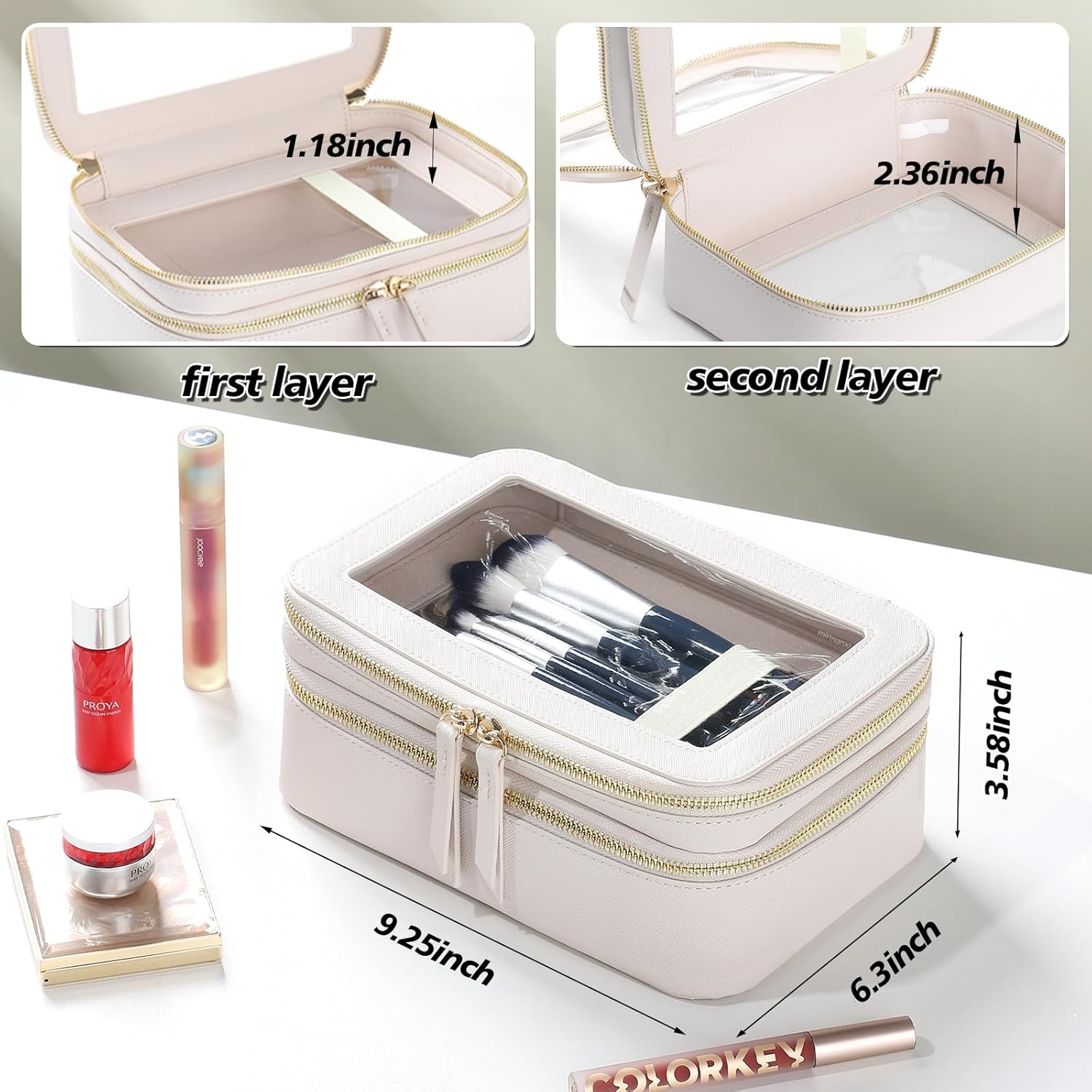Neceser organizador de maquillaje transparente, doble cremallera, bolsa de cosméticos para viajar con impermeable y gran capacidad, bolsa