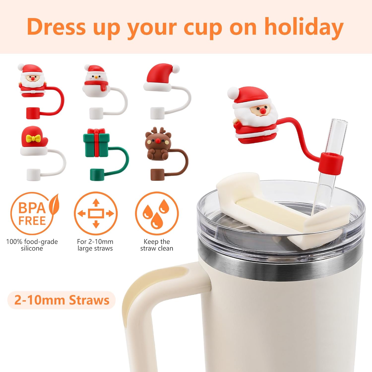 Fundas de paja de Navidad de Halloween para copa Stanley, 4 piezas reutilizables de punta de popote de silicona para Halloween y Navidad, adornos