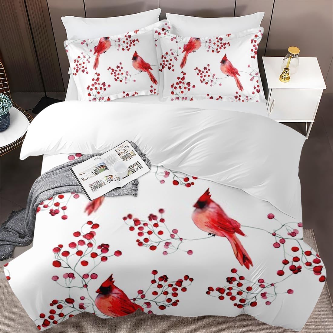 Juego de funda de edredón, bonito juego de ropa de cama de invierno con pájaros cardenales para niños y adultos, decoración de dormitorio, juego de