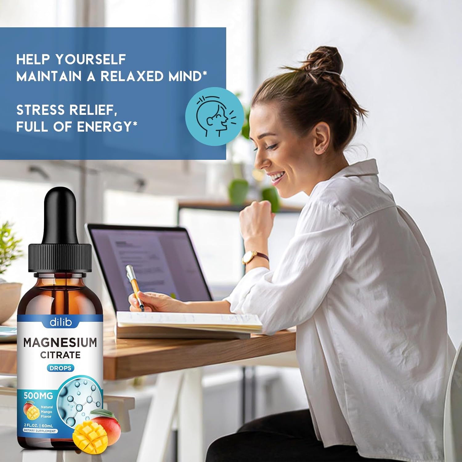 Suplemento líquido de citrato de magnesio de 500 mg, ayuda al alivio del estrés, hueso, músculo, estado de ánimo, sueño, 2 onzas líquidas, vegano,