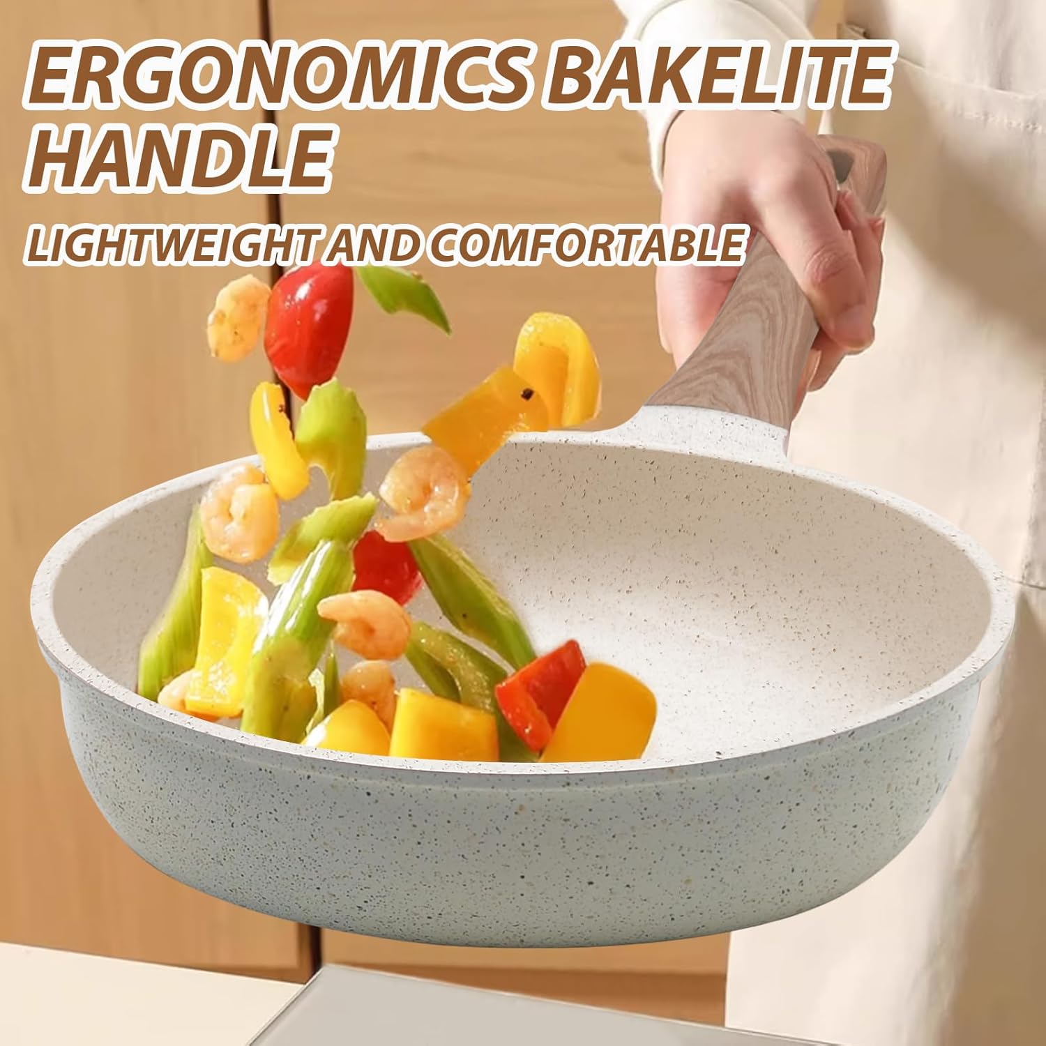 Sartén antiadherente de cerámica, sartén antiadherente de aluminio con mango suave al tacto, sartén de 8 pulgadas (8 pulgadas, blanco crema)
