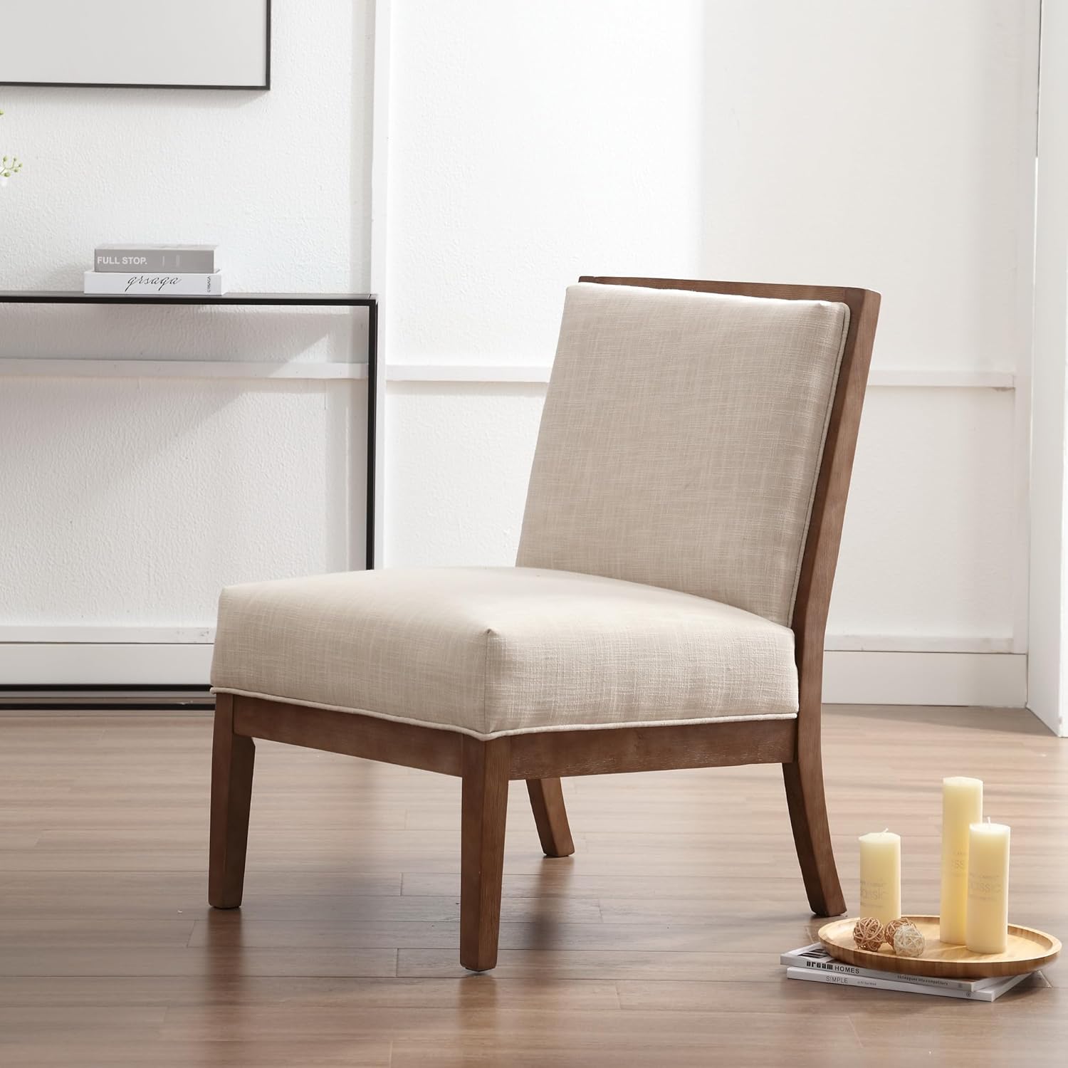 BESTANO Comfy Accent – Silla de lectura, silla tapizada sin brazos con patas de madera natural para sala de estar, dormitorio, lino beige