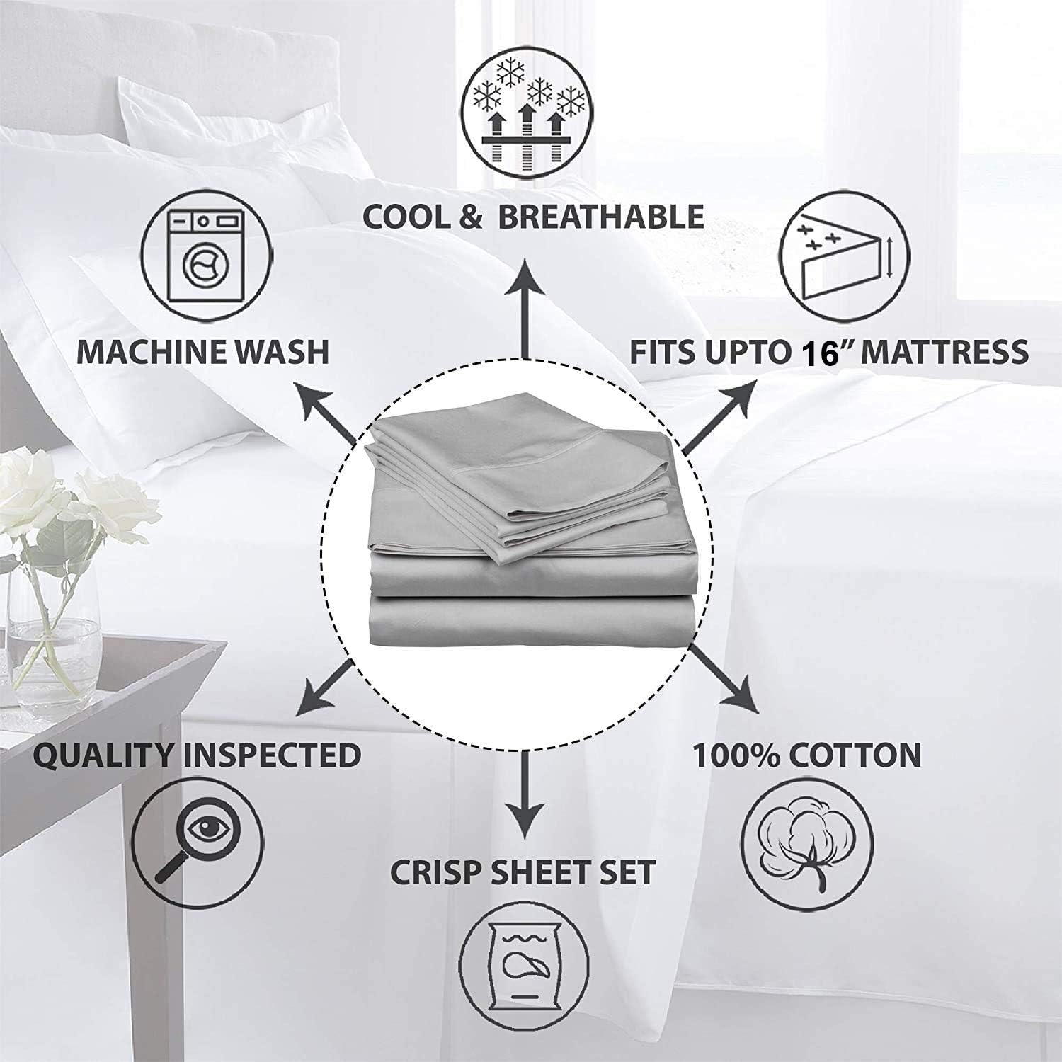 Juego de sábanas de 600 hilos, 100% algodón suave de grapas largas, 4 piezas, tamaño matrimonial, suave tejido de satén, colección de ropa de cama