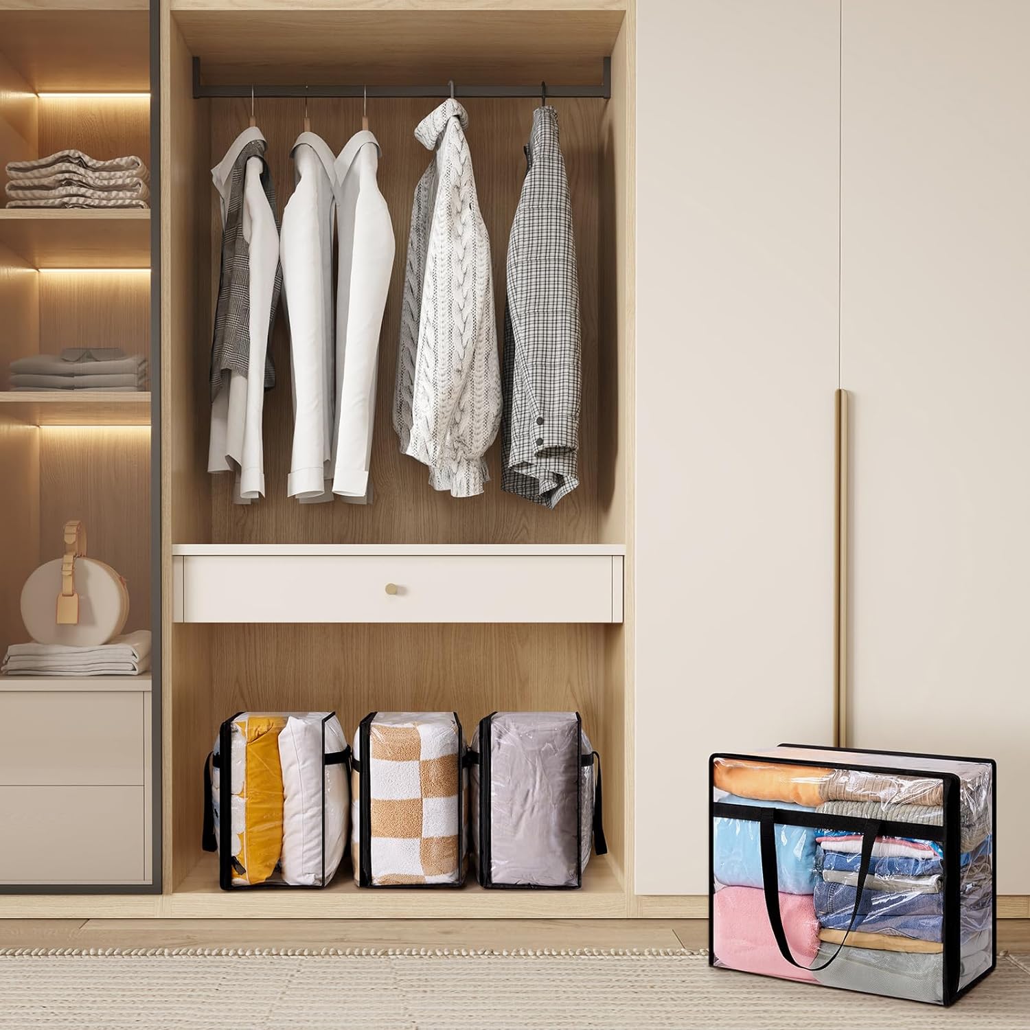 Lifewit Paquete de 4 bolsas de almacenamiento de ropa transparentes, bolsas de almacenamiento de mantas de plástico de 40 litros, bolsas plegables