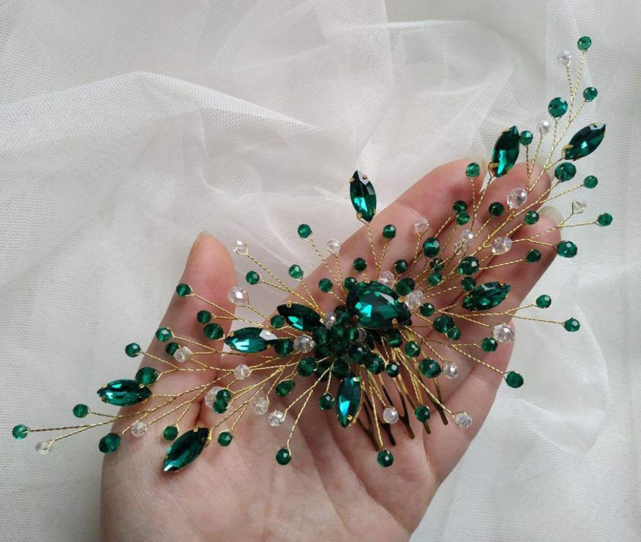 Peine para el cabello de cristal verde esmeralda para mujer, accesorio para el cabello de boda, pieza de pelo con diamantes de imitación, regalo