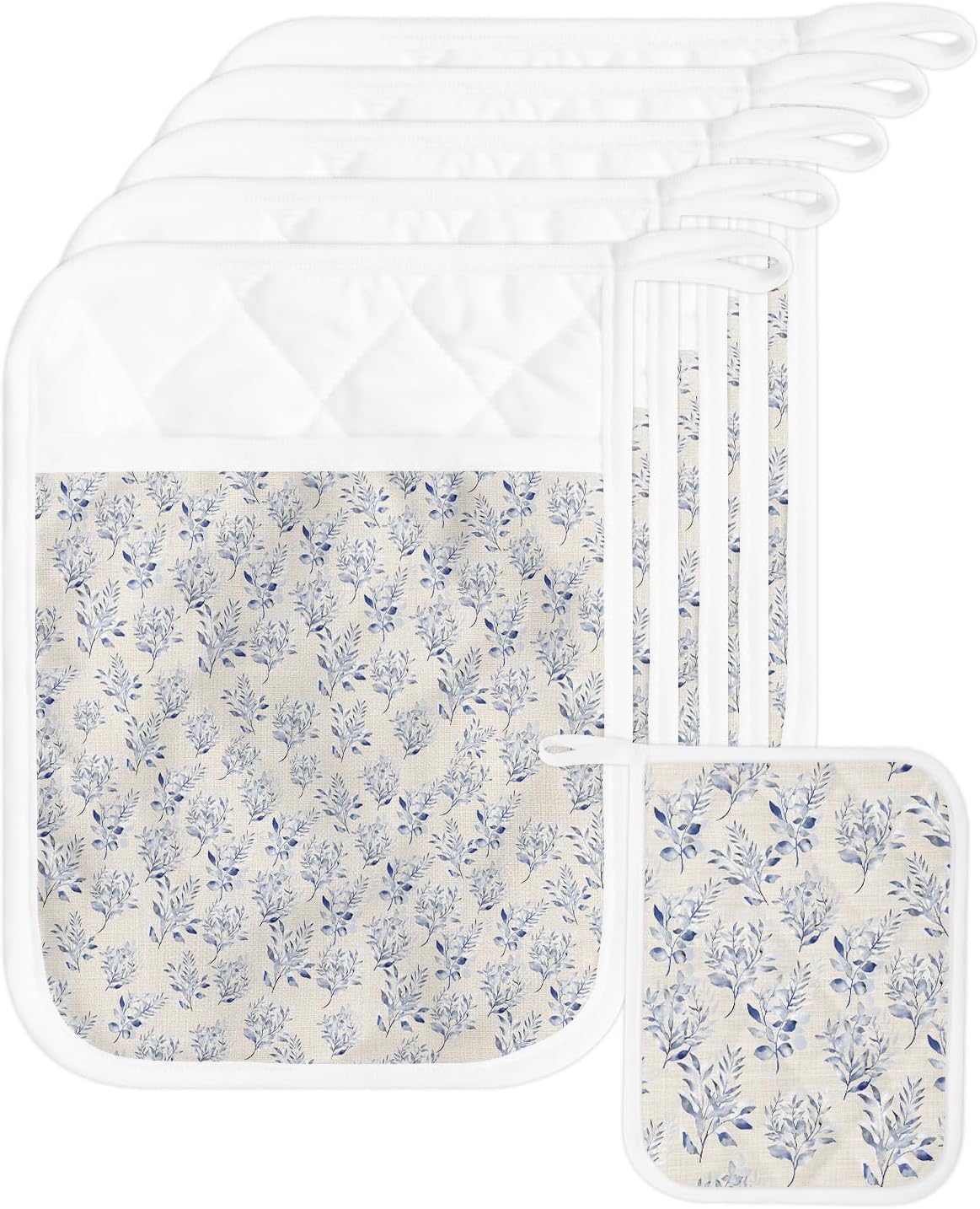Elegant Flower 4Pcs Pot Holders for Kitchen,Non Slip & Heat Insulation Terry Cloth Potholder Set with Pocket,Thick Hot Pad Oven Mitts Trivet Coaster