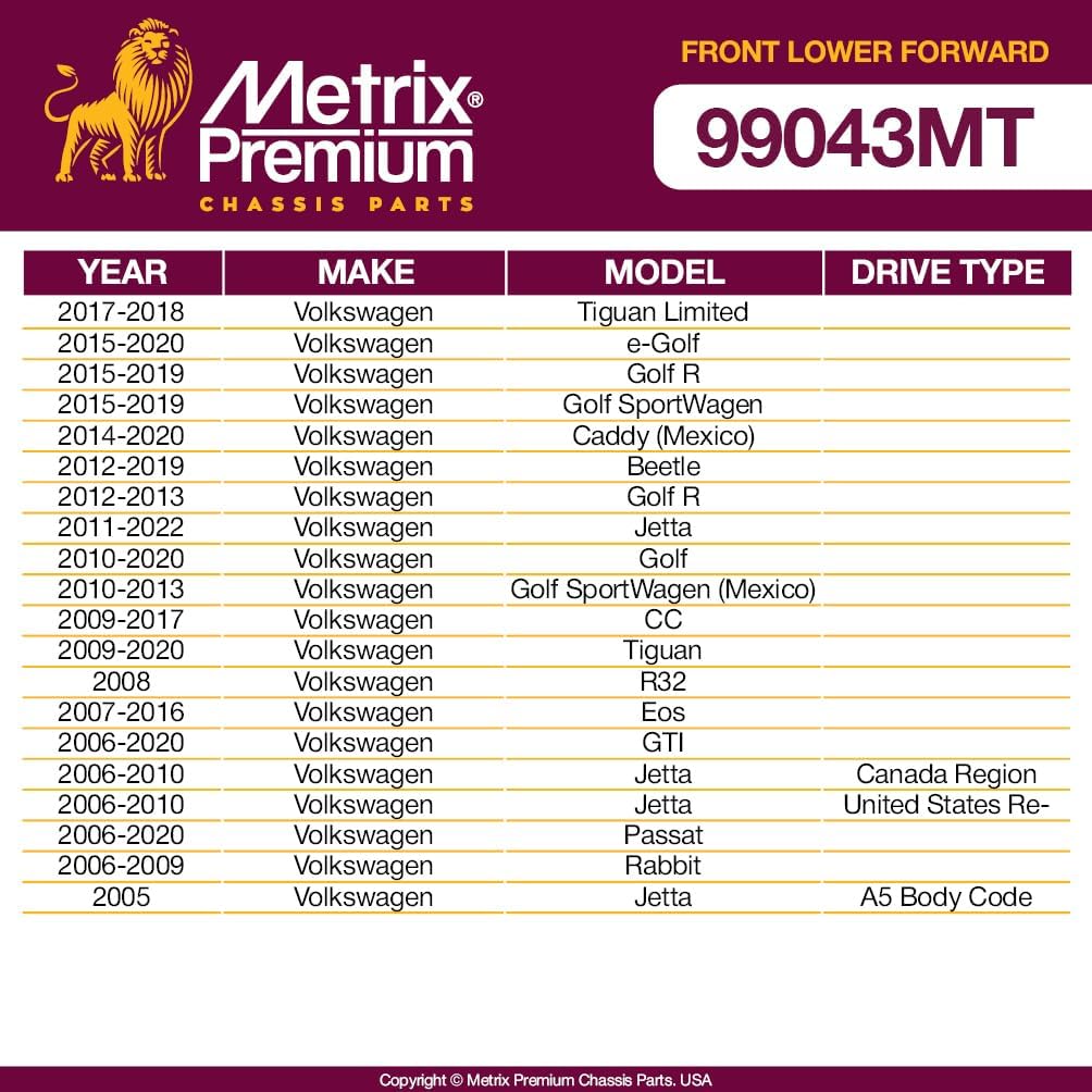 Metrix Premium – 2 bujes de brazo de control delantero inferior delantero K200094 para Audi A3 06-13, 15-18 Q3, 15-18 Q3 Quattro, 08-15 TT Quattro,