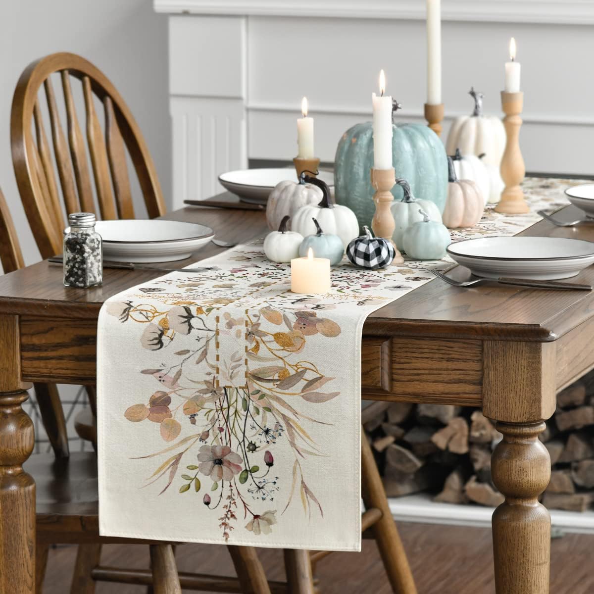 Artoid Mode Camino de mesa floral de otoño con hojas silvestres, decoración de mesa de comedor de cocina de Acción de Gracias para interiores y