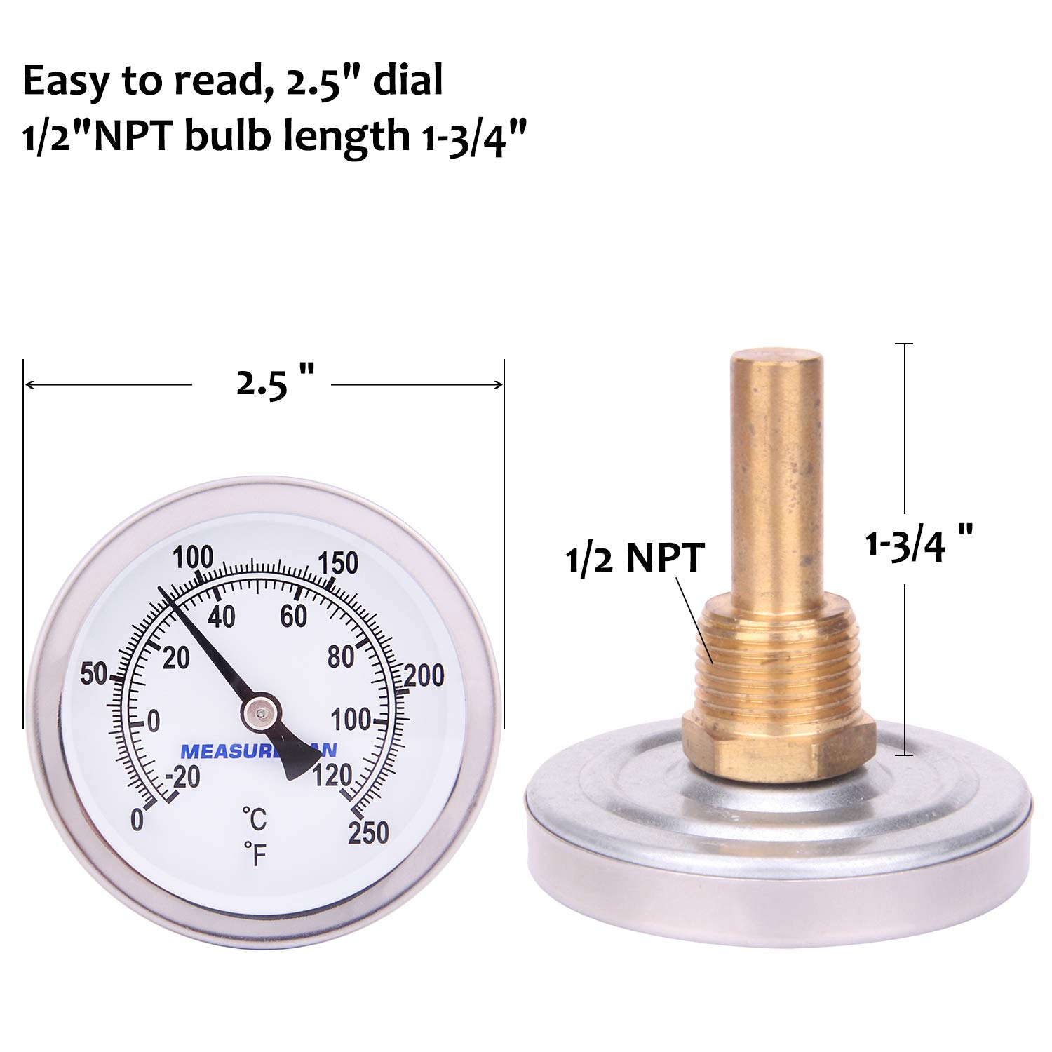 MEASUREMAN Termómetro bimetálico de agua caliente, 2-12″ dial, 1-34″ vástago de latón sin plomo, rango 0-250 grados F-20-120 grados C, 2% de