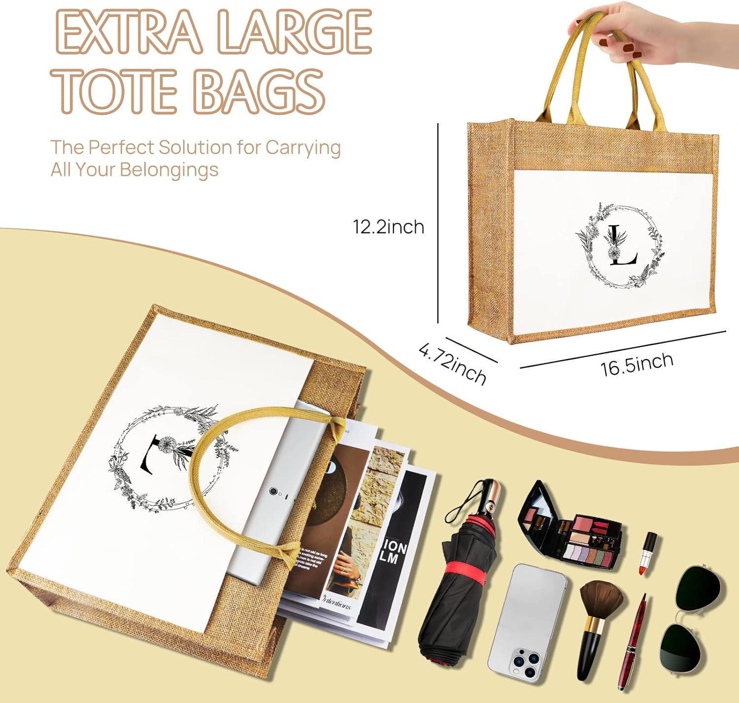 JUSTOTRY Bolsa de mano con inicial, yute natural, grande, 13 onzas, personalizada, bolsa de lona con monograma, regalo para mujer