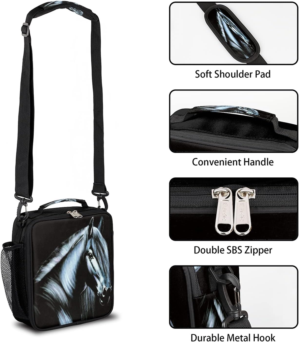 Pardick Lonchera térmica con diseño de caballo negro para niños, niñas, mujeres y hombres, con correa para el hombro, duradera, reutilizable,