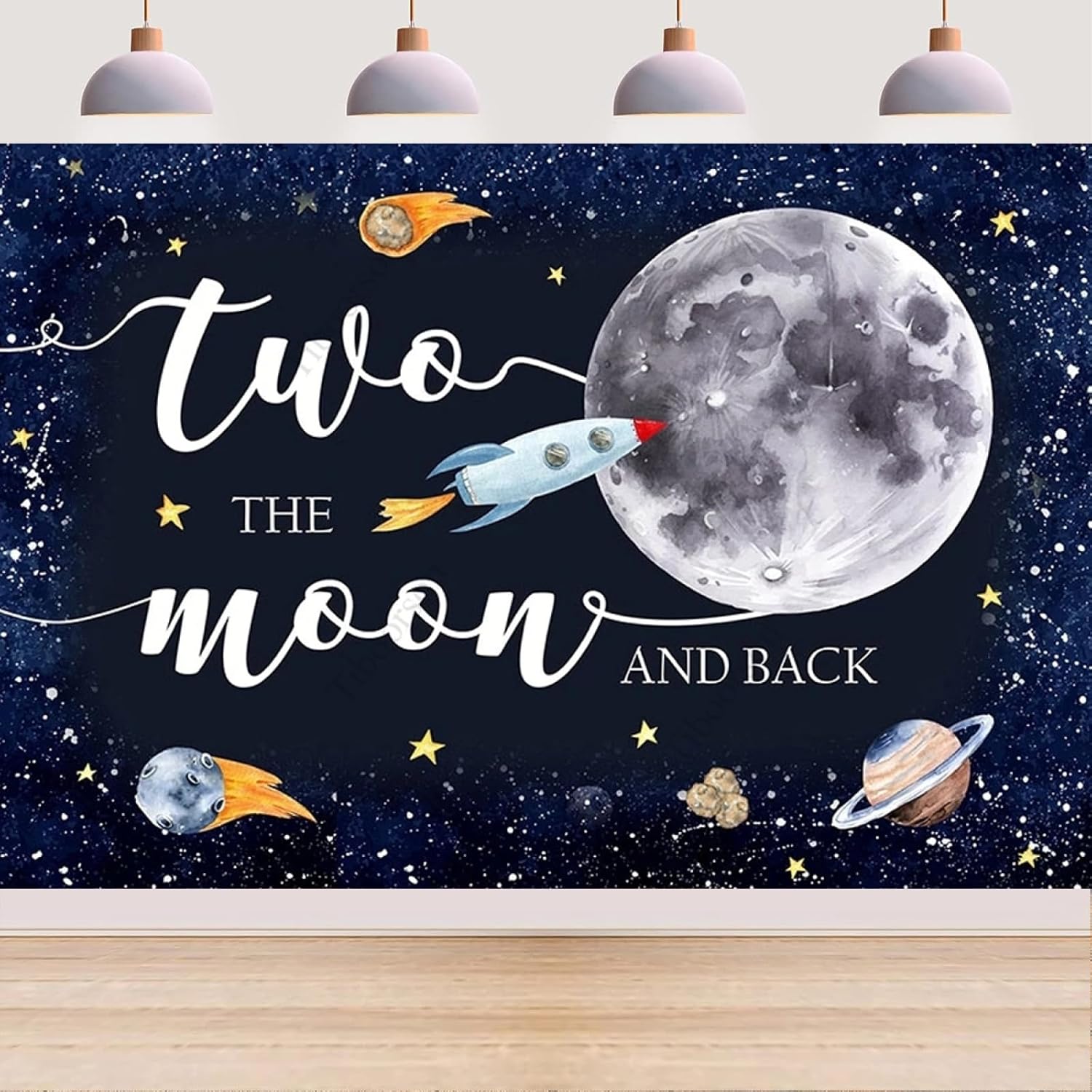 Fondo de feliz cumpleaños del espacio exterior con texto en inglés “Two The Moon”, decoración de fiesta de cumpleaños para niños, espacio exterior,
