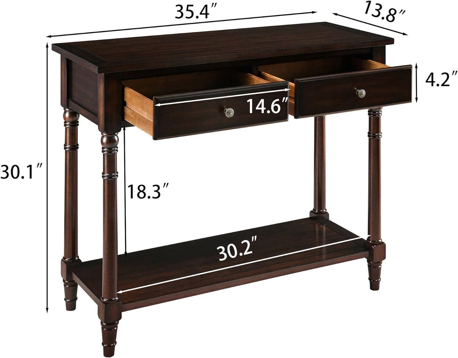 Mesa consola de madera maciza con 2 cajones, mesa de sofá decorativa de 2 niveles de 35.4 x 30 pulgadas con estante de almacenamiento multicapa,