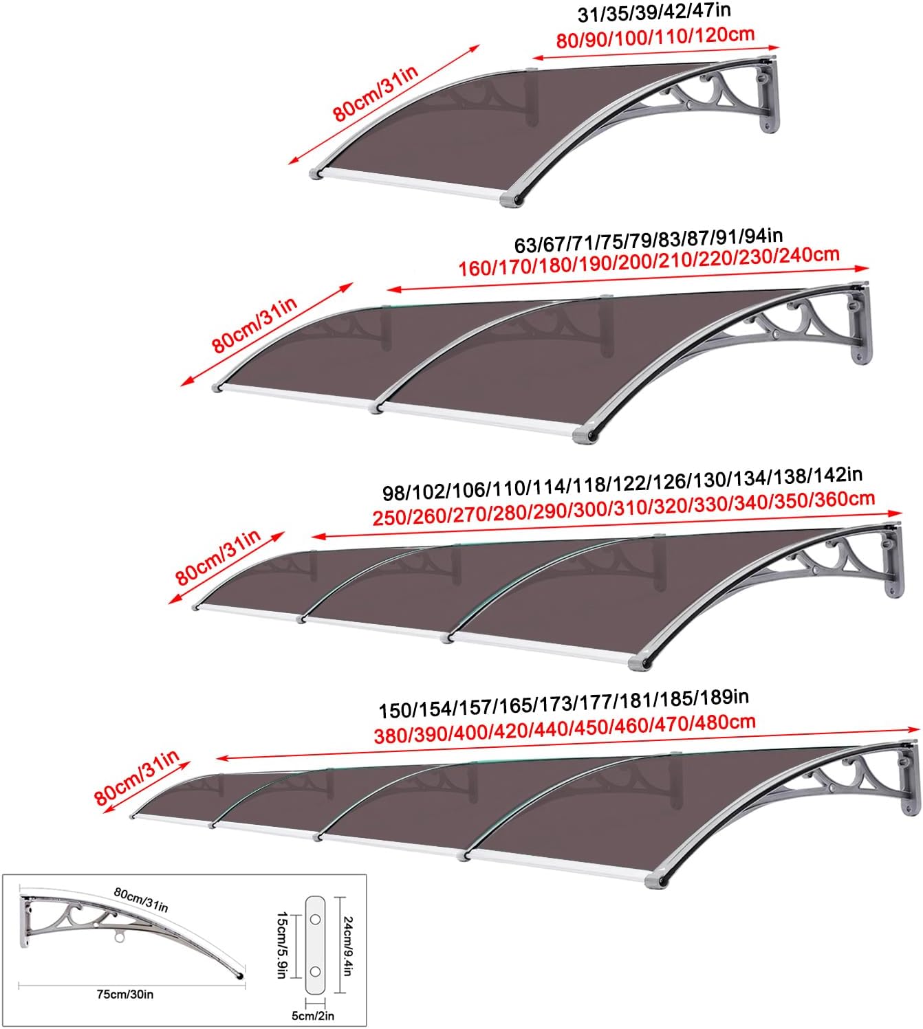 Toldo de protección contra la lluvia y la nieve para puerta delantera, toldo para patio, porche, refugio de policarbonato marrón, cubierta de