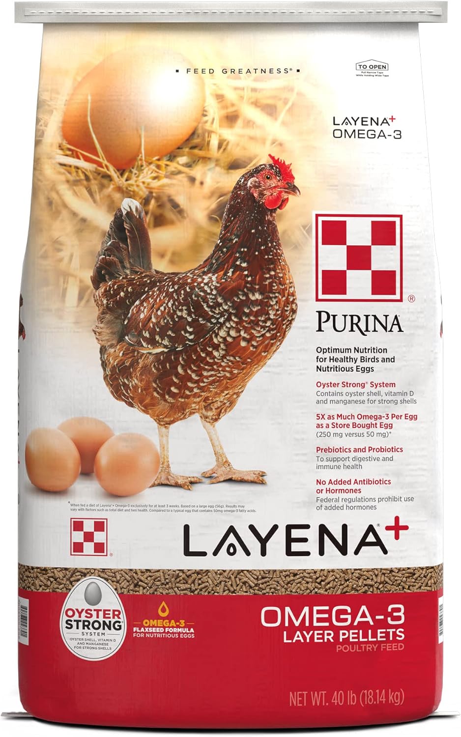 Purina Layena+  Alimento nutricionalmente completo para gallinas  Fórmula Omega 3 – Bolsa de 40 libras (40 libras)