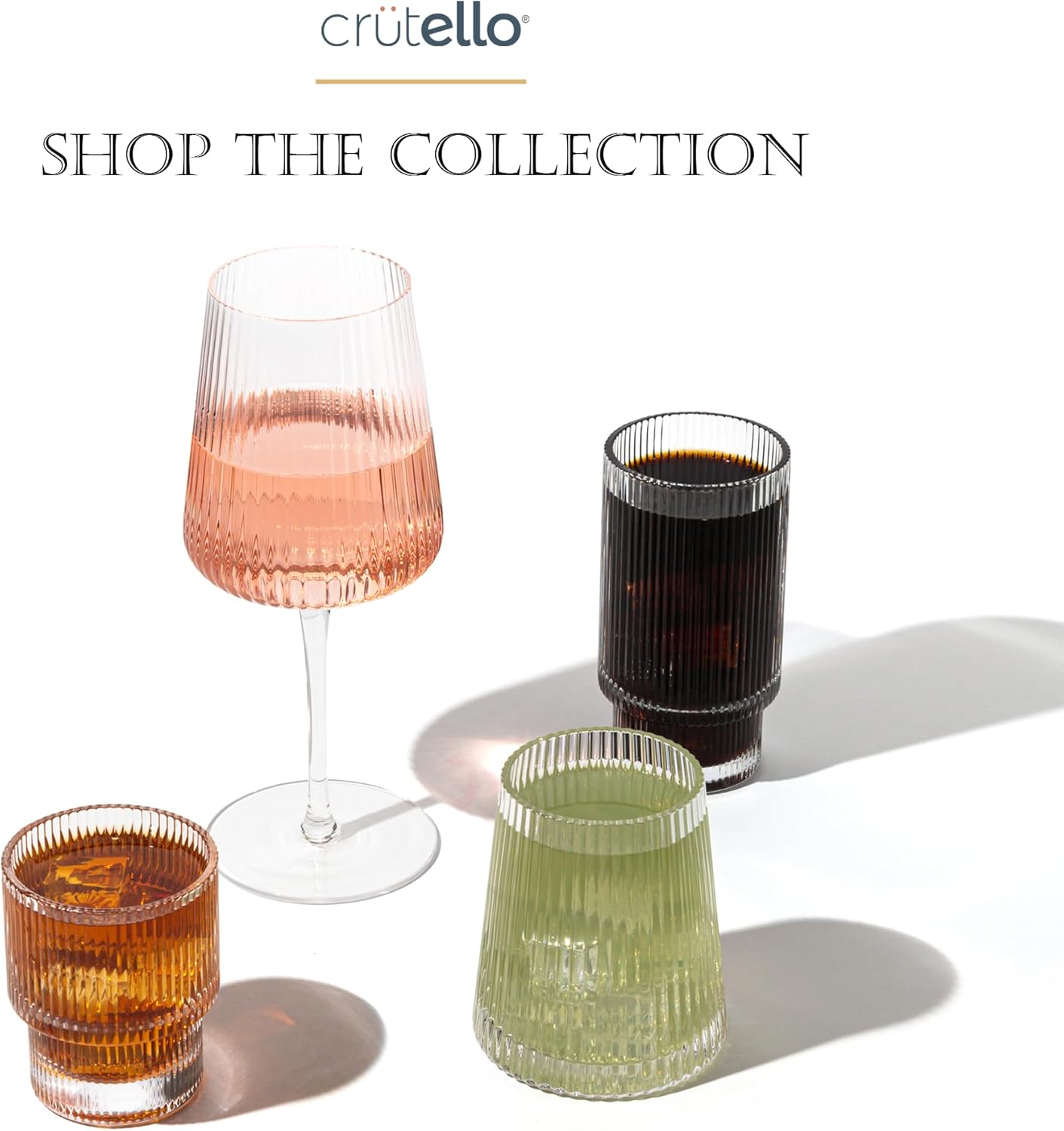 Crutello Copas de vino modernas de 12 onzas, juego de 4, cristalería acanalada única con textura ondulada vintage, vino tinto art déco o copa de