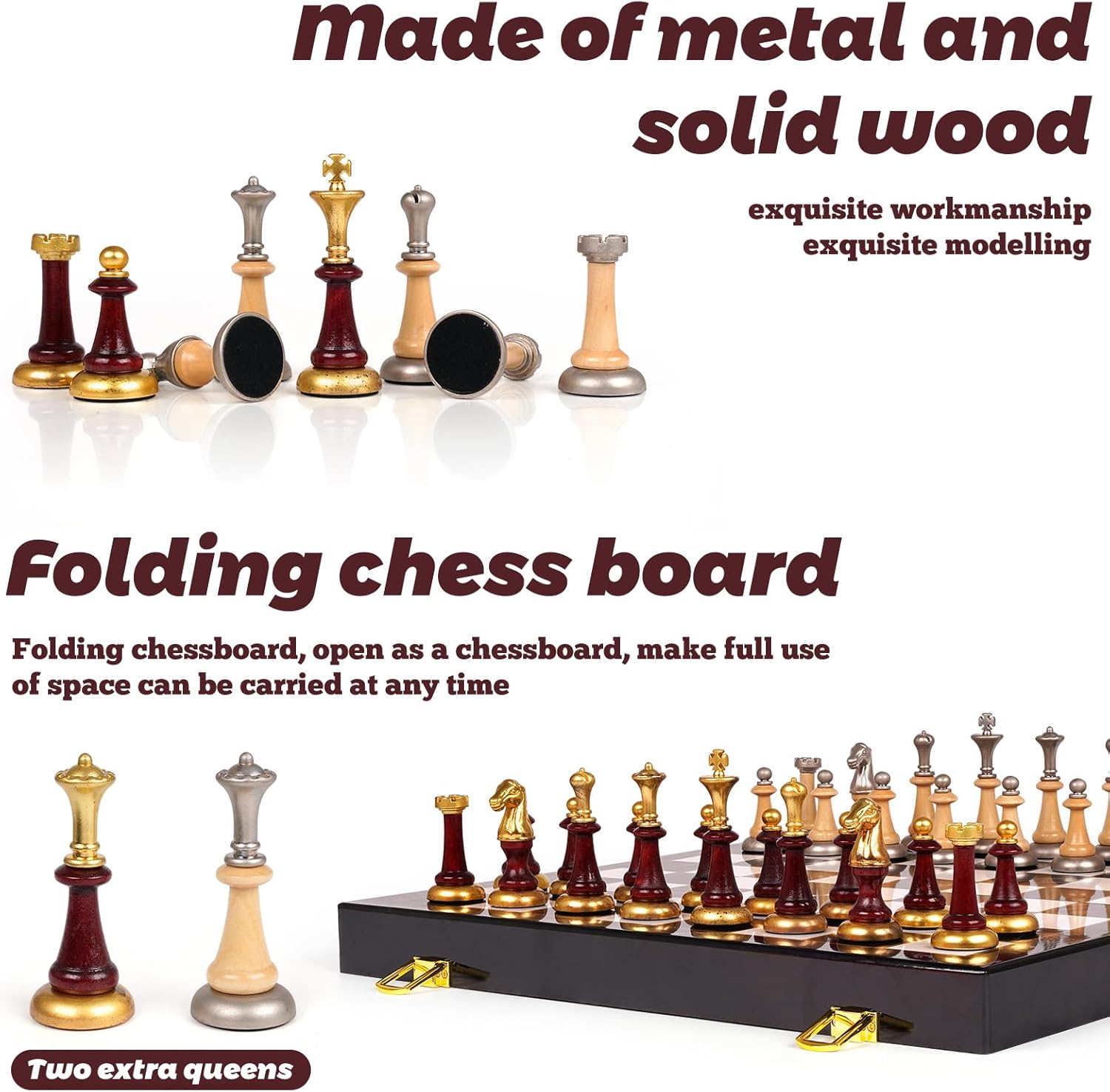 Juego de ajedrez de madera+metal para adultos y niños – Tablero de ajedrez de mármol con piezas de ajedrez – Juegos de ajedrez de viaje portátiles