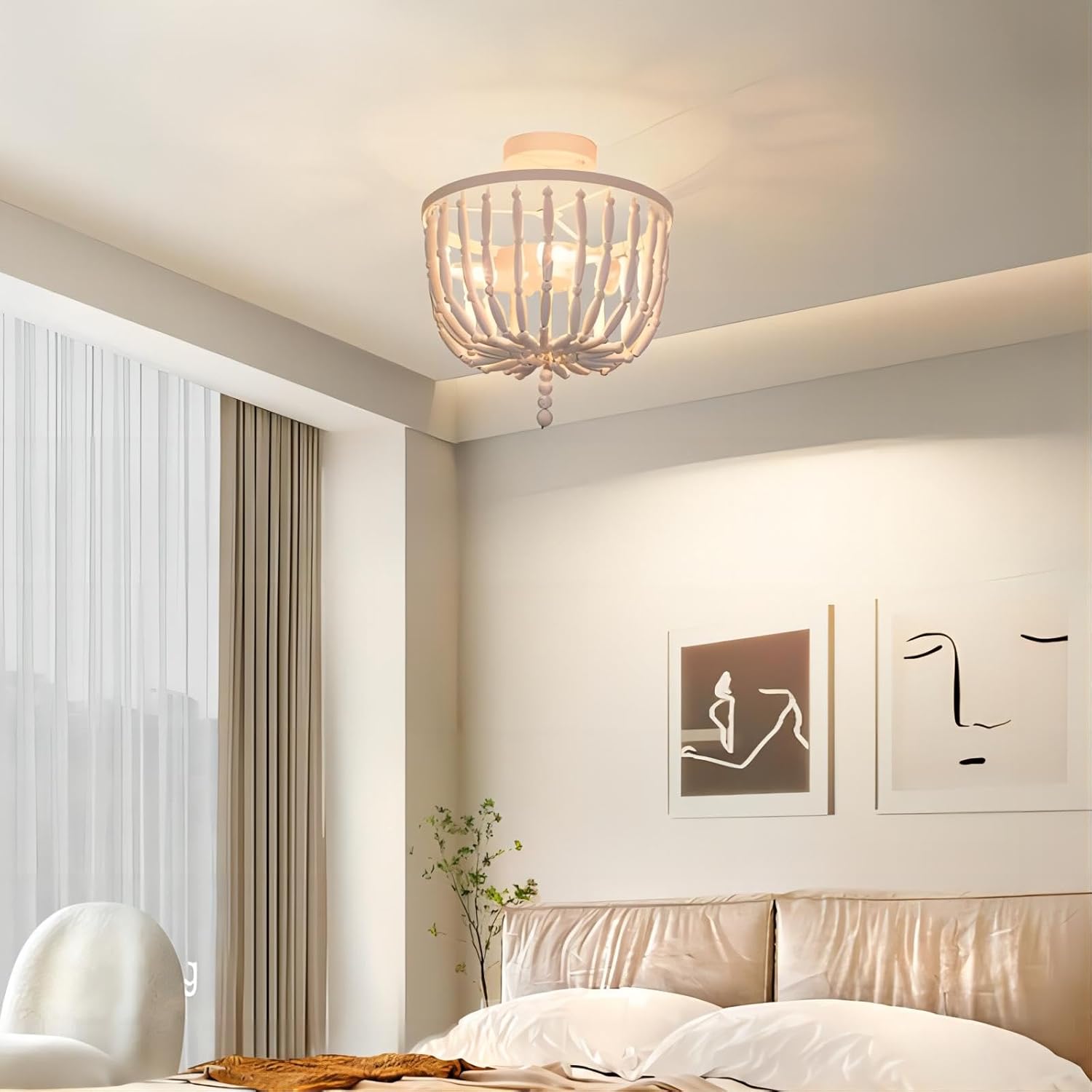 Lámpara de techo con cuentas de madera, estilo bohemio, 3 luces, semiempotrada, lámpara de techo blanca para sala de estar, dormitorio, guardería,