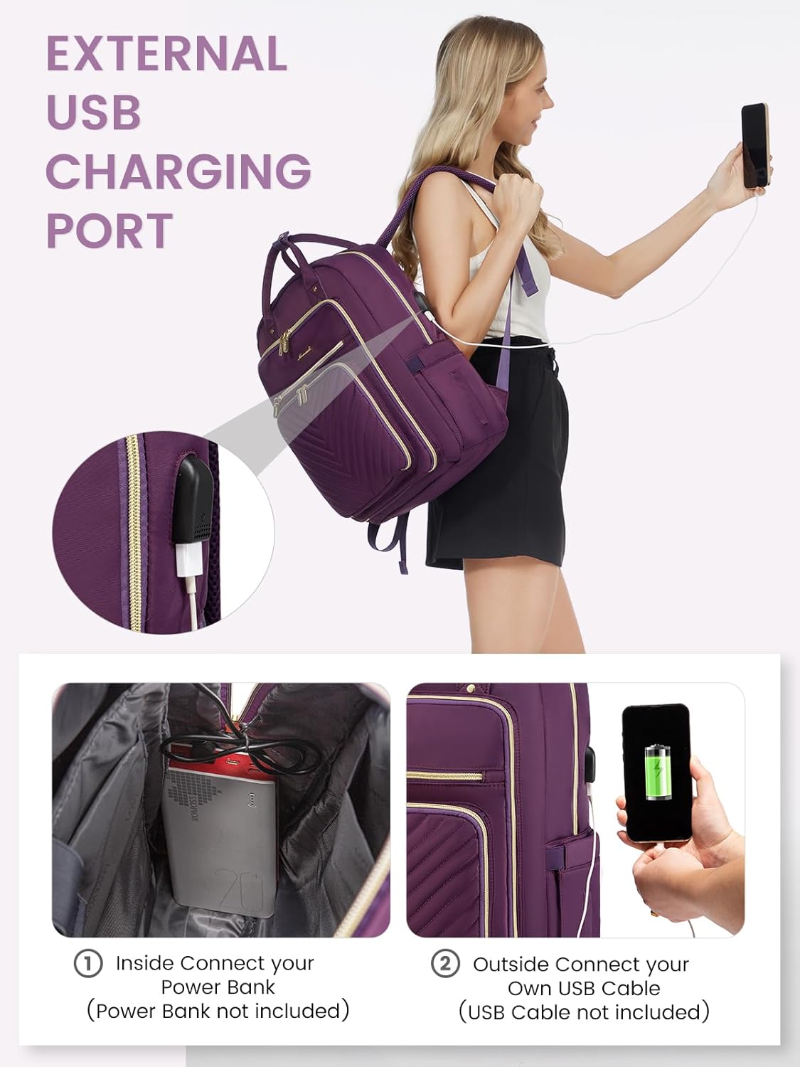LOVEVOOK Mochila para laptop para mujer, mochila de trabajo de moda con puerto USB, mochilas impermeables para el trabajo., Púrpura, Mochila casual