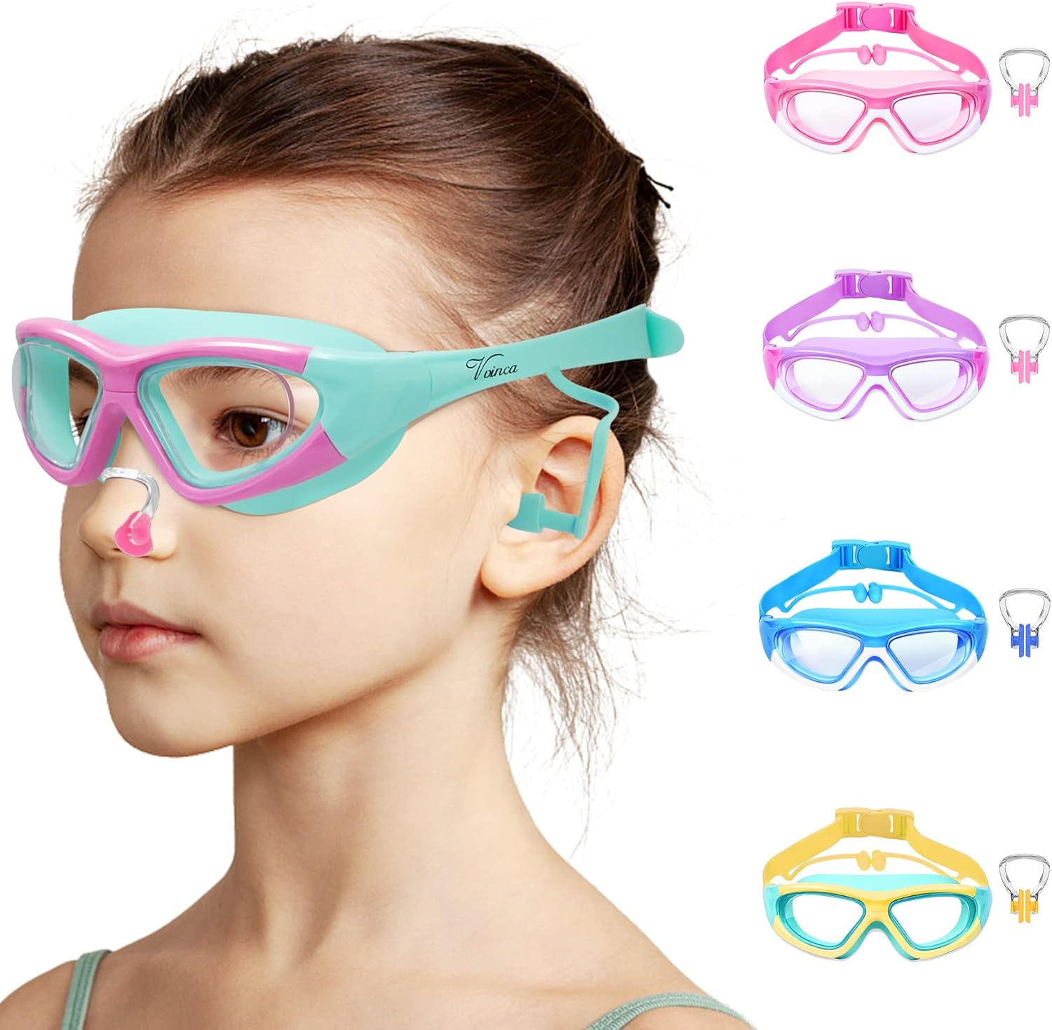 Vvinca Gafas de natación para niños de 3 a 12 años, diseño mejorado 2024 con tapón para la oreja y la nariz, visión amplia, antivaho sin fugas,