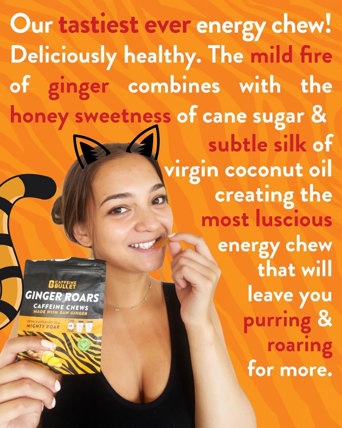 Ginger Roars – Masticables con cafeína y jengibre, 36 caramelos de cafeína cada uno de 33 mg de cafeína con un delicioso sabor natural de miel y