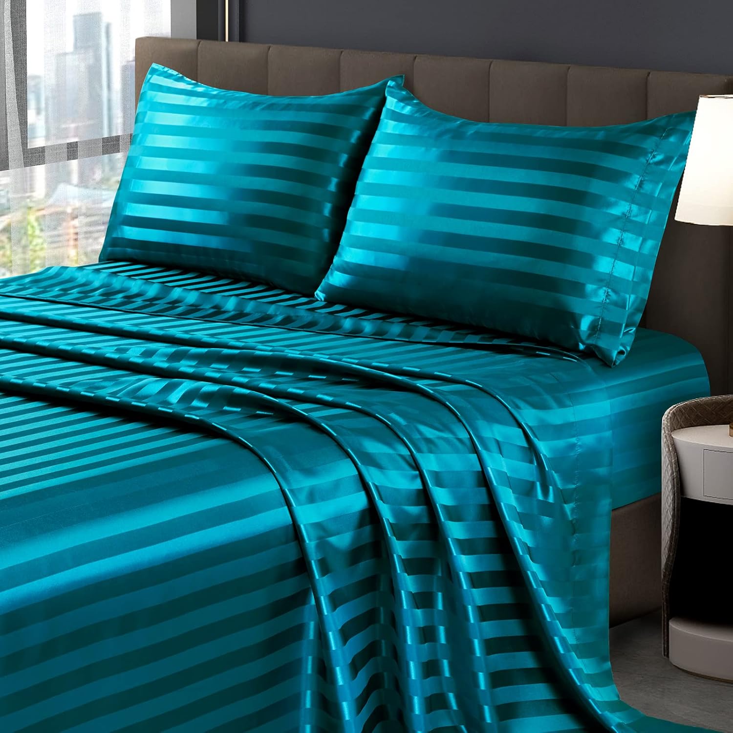 SiinvdaBZX 4 sábanas de satén con estampado a rayas, estilo italiano, sedosas, suaves, de satén verde azulado con bolsillo profundo, 1 sábana