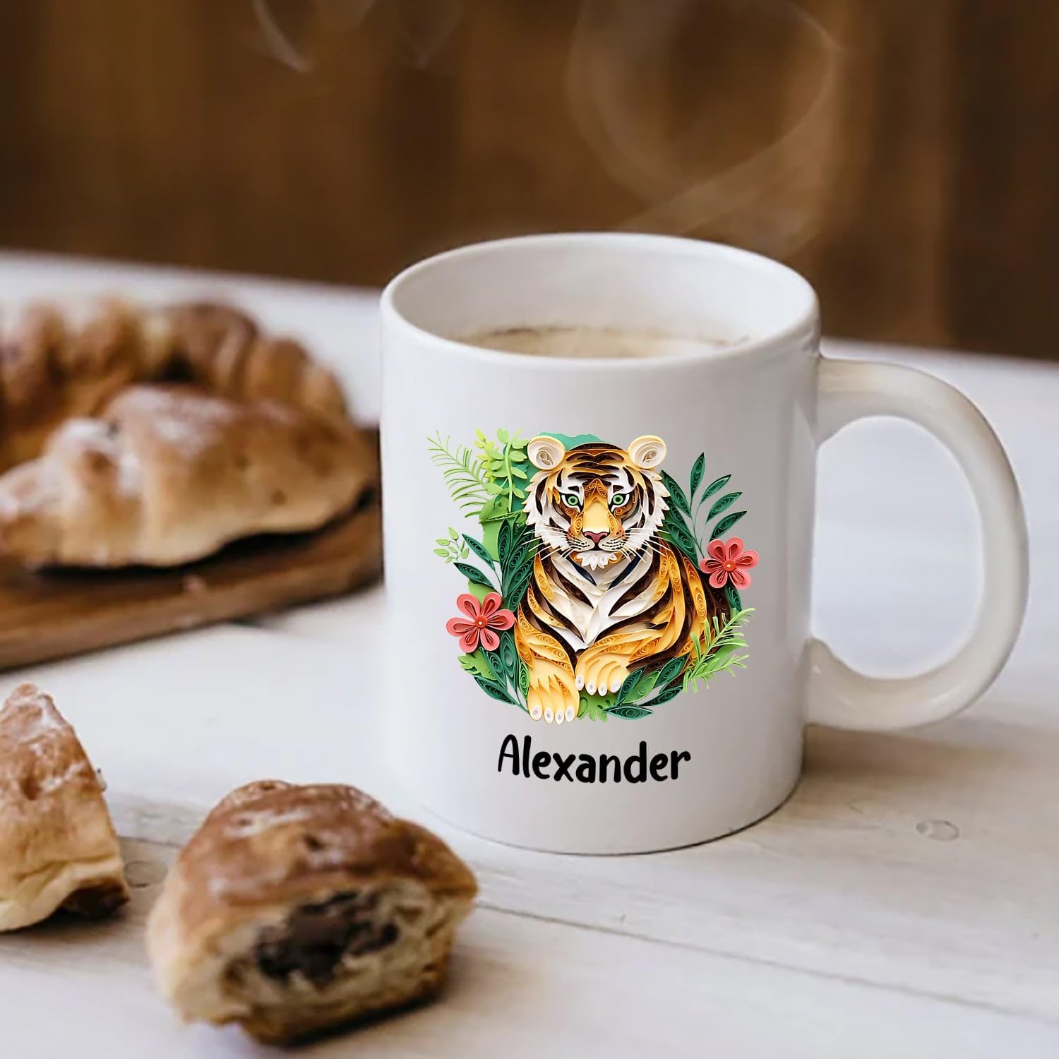 Taza de café personalizada con nombre de tigre, regalo para cumpleaños y Navidad, taza de café personalizada de tigre de animales de origami de 11