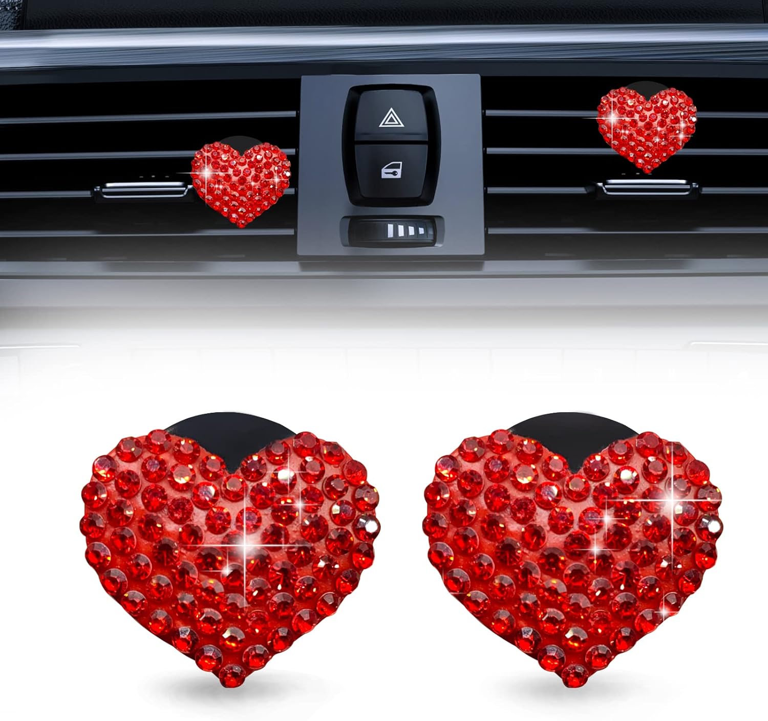 2 piezas de dijes de corazón de cristal brillantes para ventilación de automóvil, accesorios universales para decoración interior del automóvil