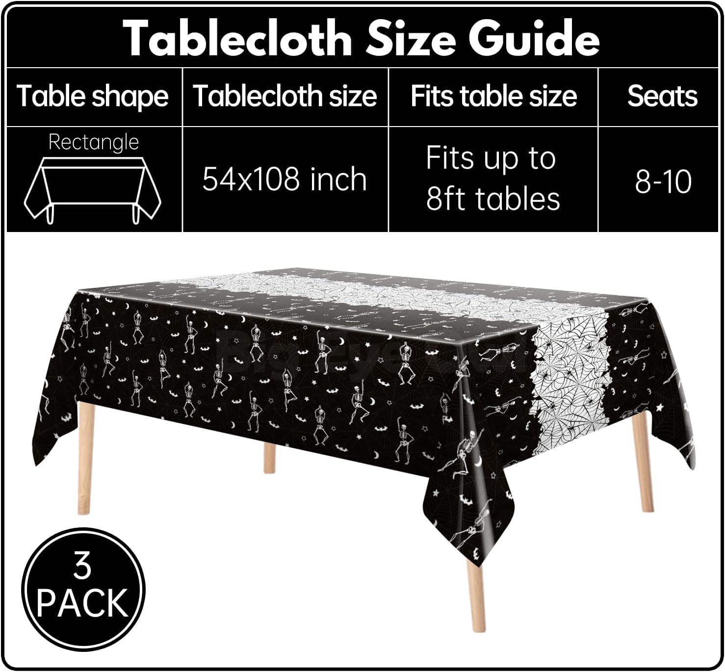 3 manteles desechables de Halloween con diseño de calavera y esqueleto, de plástico, color negro, rectangular, de vinilo, para decoración de fiestas