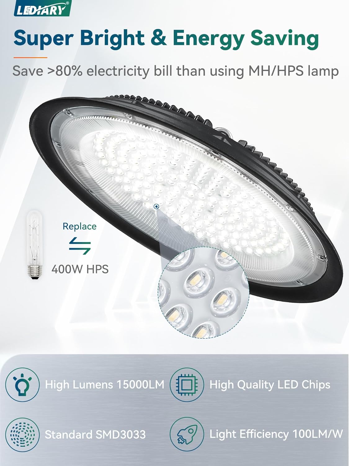 LEDIRAY – Paquete de 6 luces LED de alta bahía de 150 W 15000 lm (Eqv.400 W MHHPS) 5000 K luz diurna UFO alta bahía luces para granero, almacén,