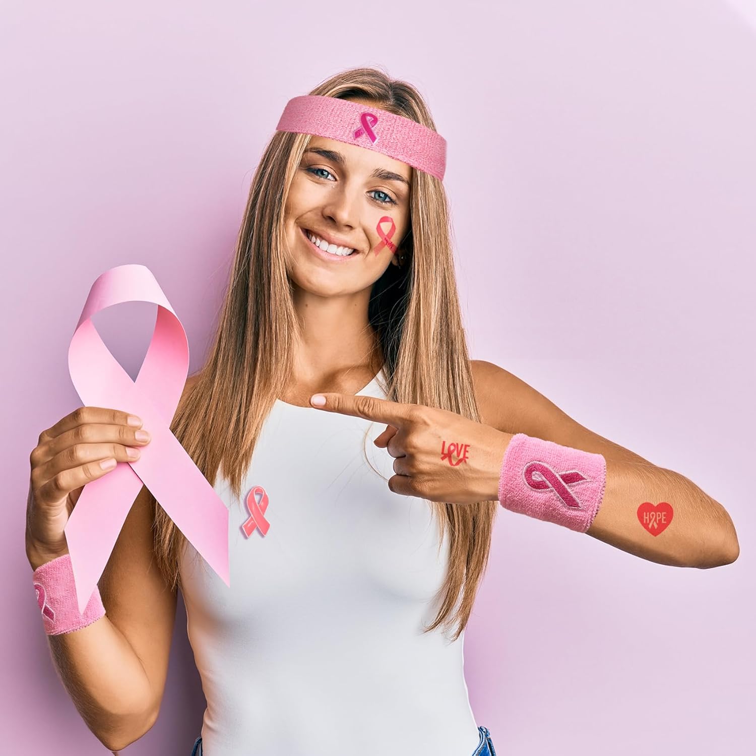77 piezas de accesorios de concientización sobre el cáncer de mama, pines de cinta, pulseras de cáncer de mama, cuello de plumas de pavo, pin de