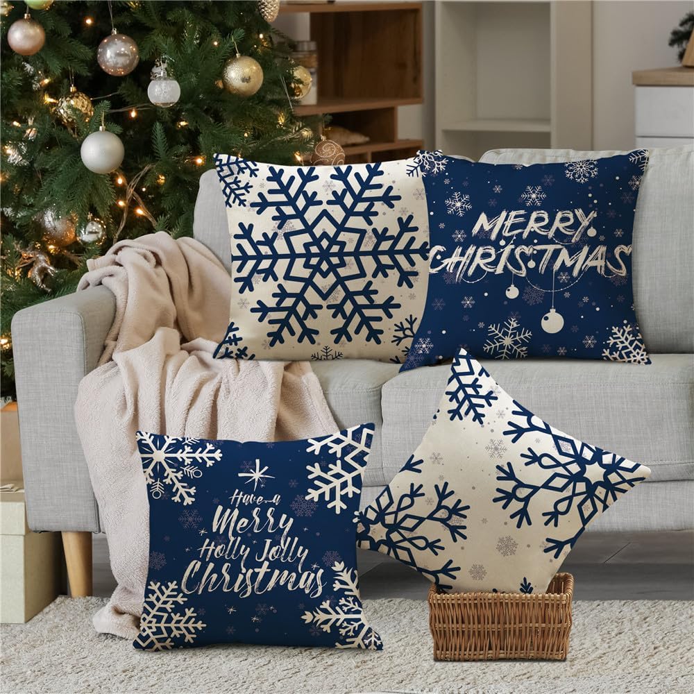 KISVODS Juego de 4 fundas de almohada navideñas de 18 x 18 pulgadas, decoraciones navideñas, fundas de almohada navideñas de lino rústico para sofá,
