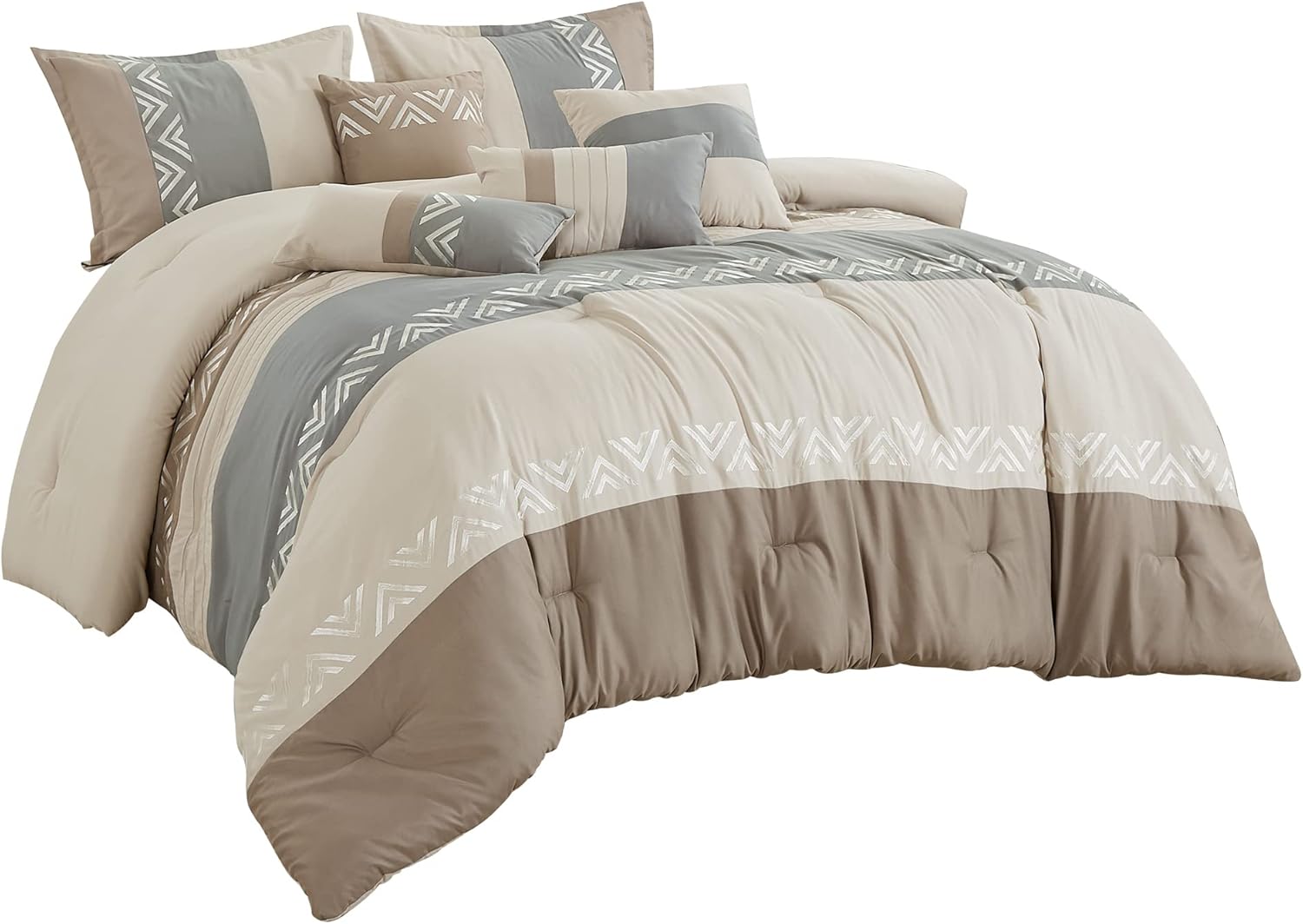 HIG Juego de edredón bordado de 7 piezas gris topo y gris con patrón geométrico de cheurón, juego de cama moderno de retazos, cama para todas las